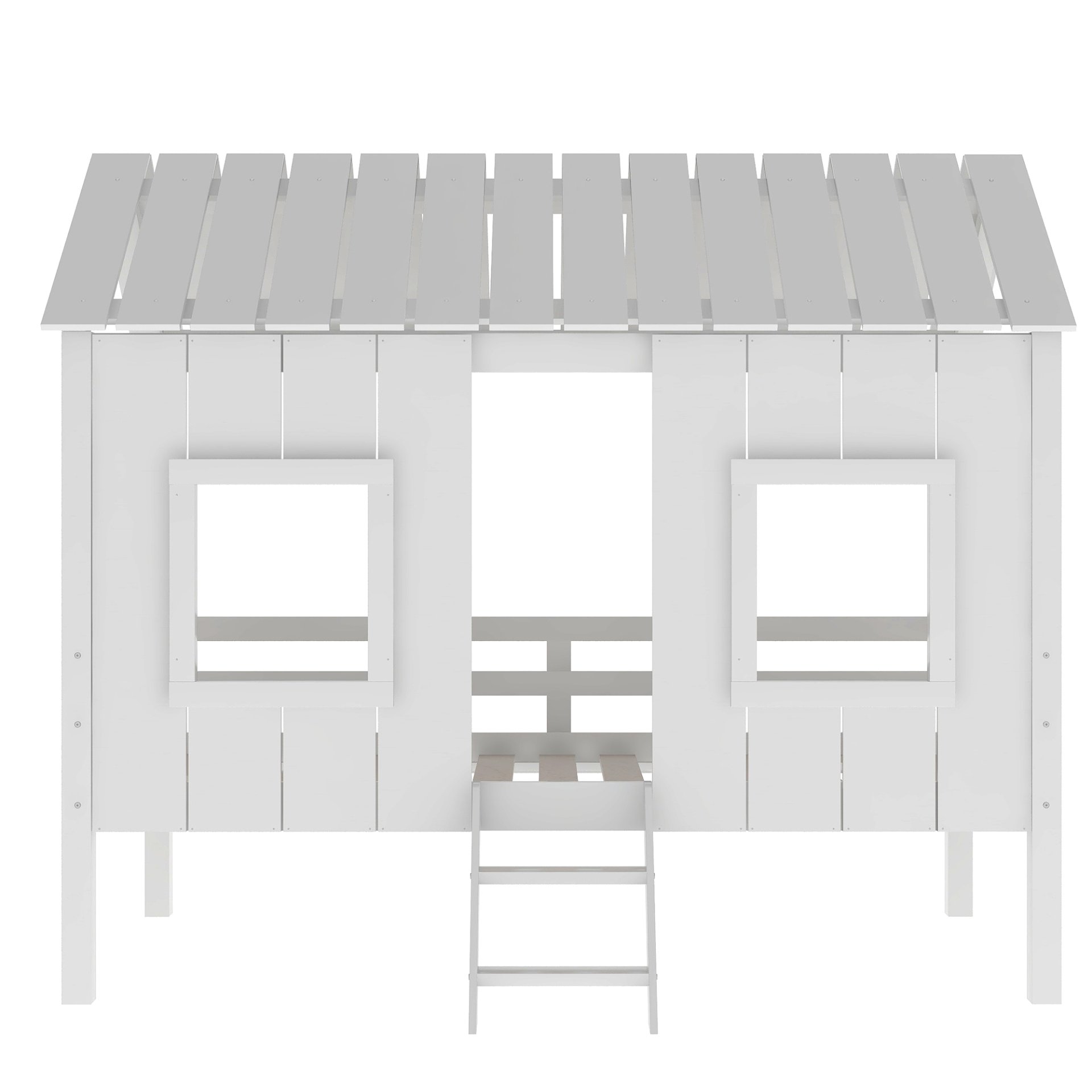 Twin Size Low Loft House Bed With Roof And 2 Front Windows - White - Image 5