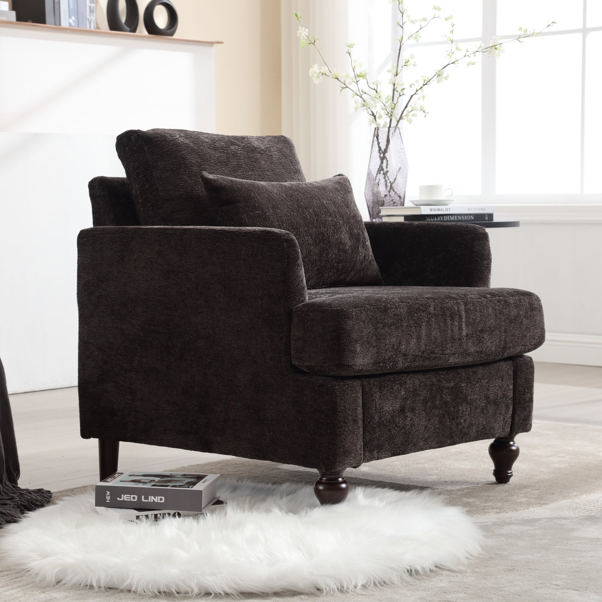 Modern Accent Chair Lounge Chair Chenille Tufted Club Chair Mid Century Arm Chair With Solid Wood Frame - Black - Image 7