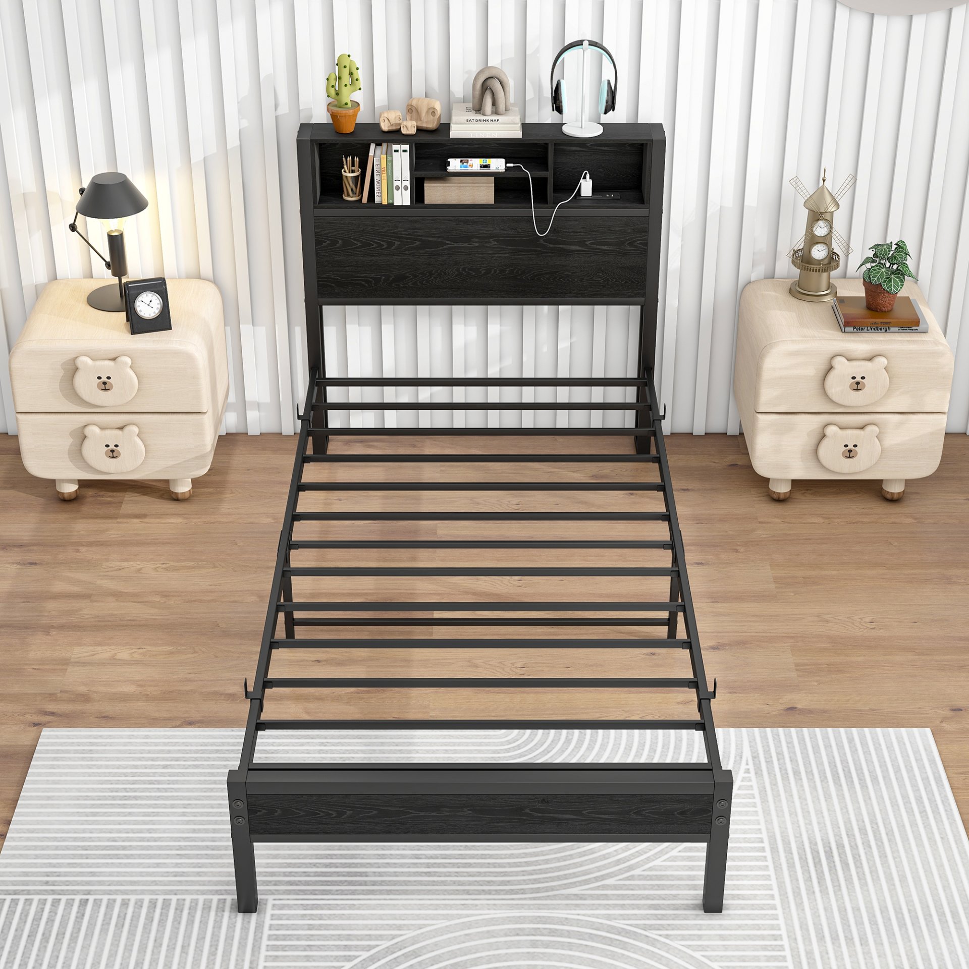 Twin Size Metal Platform Bed Frame With Storage Headboard And Charging Station - Black - Image 11
