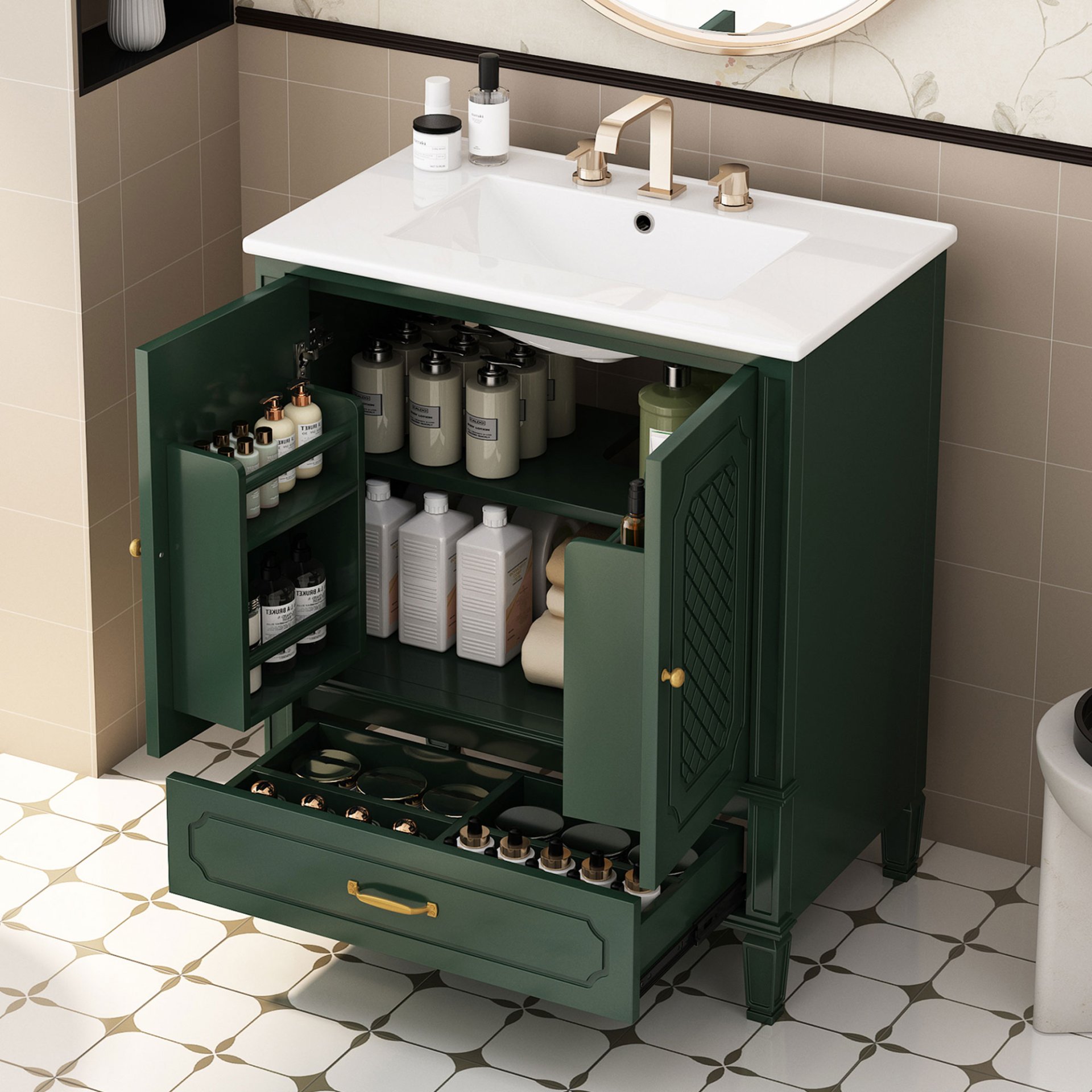 30" Bathroom Vanity With Sink, Soft Closing Door, Multi Functional Storage - Green - Image 4