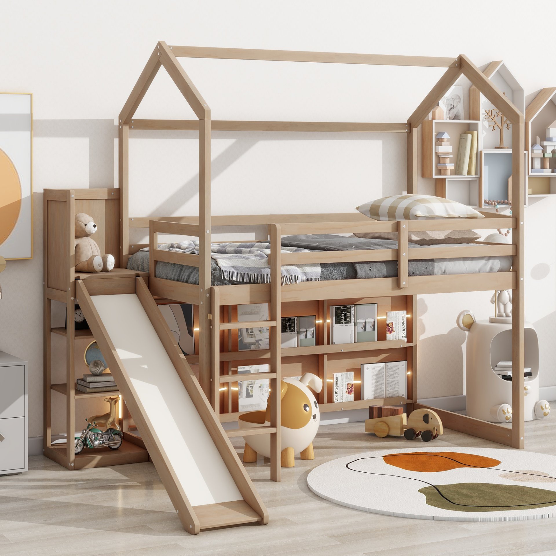 Twin Size House Loft Bed With Slide, Storage Shelves And Light, Climbing Ramp - Wood - Image 4
