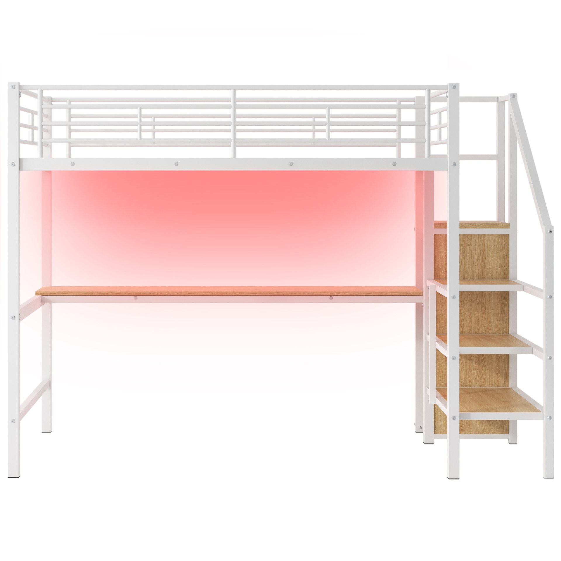 Full Size Loft Bed With Desk, Storage Staircase, Small Wardrobe And LED Light - White - Image 7