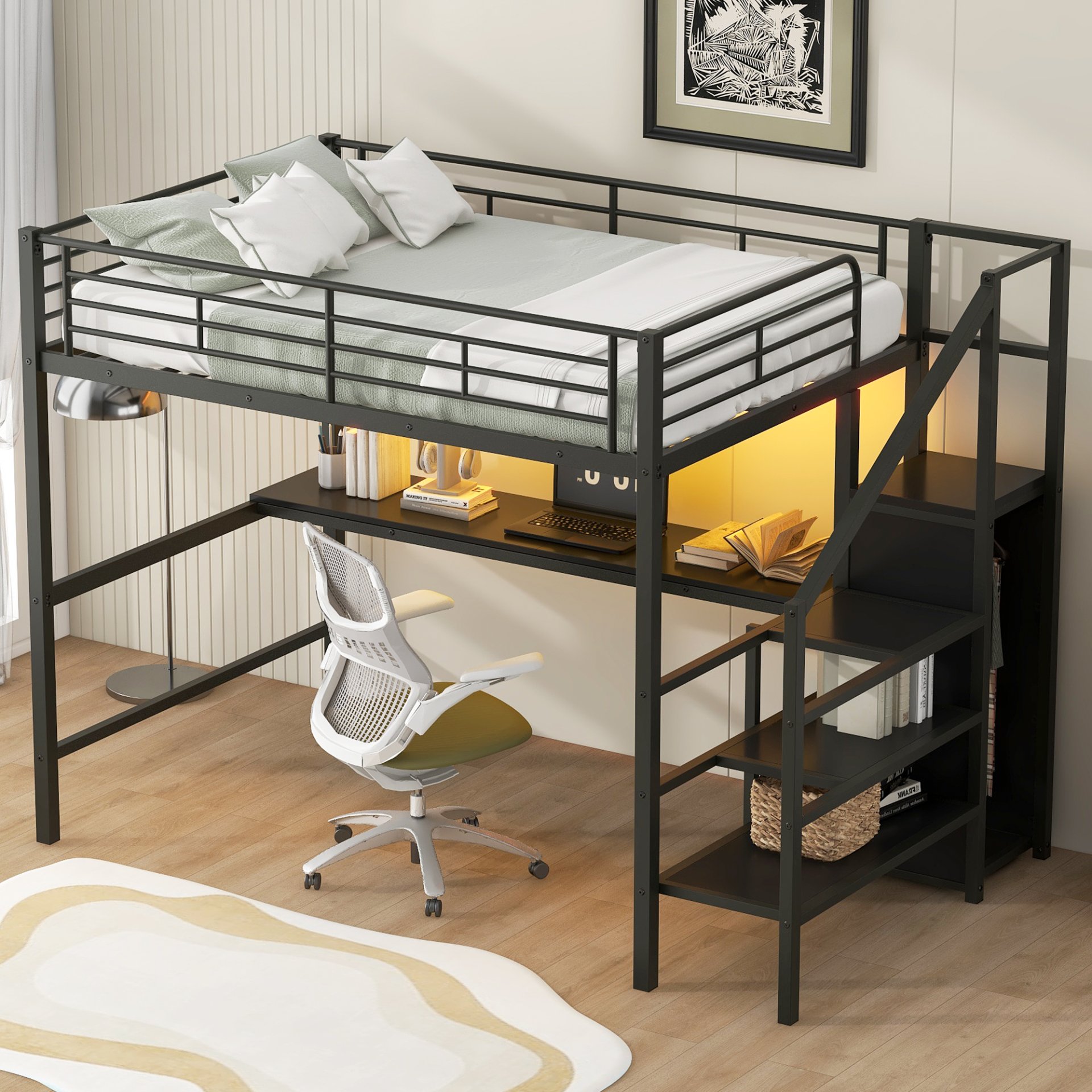 Full Size Loft Bed With Desk, Storage Staircase, Small Wardrobe And LED Light - Black - Image 6