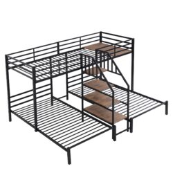 Twin Over Twin & Twin Bunk Bed With Storage Shelves And Staircase, 3 Deck Design - Black
