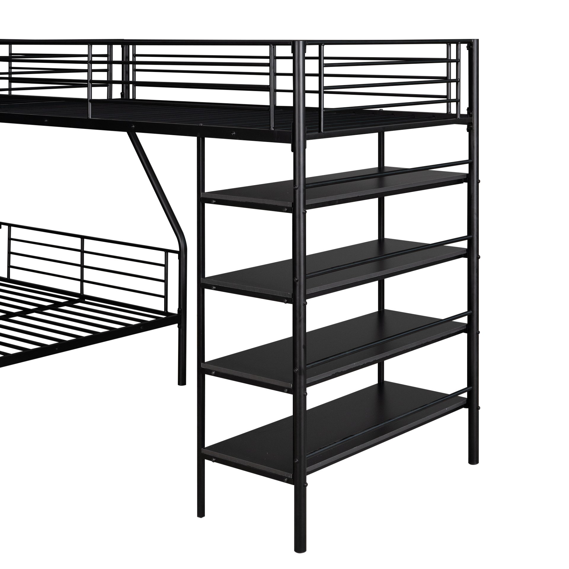 L-Shaped Twin Over Full Bunk Bed And Twin Loft Bed With 4 Built In Shelves - Black - Image 7
