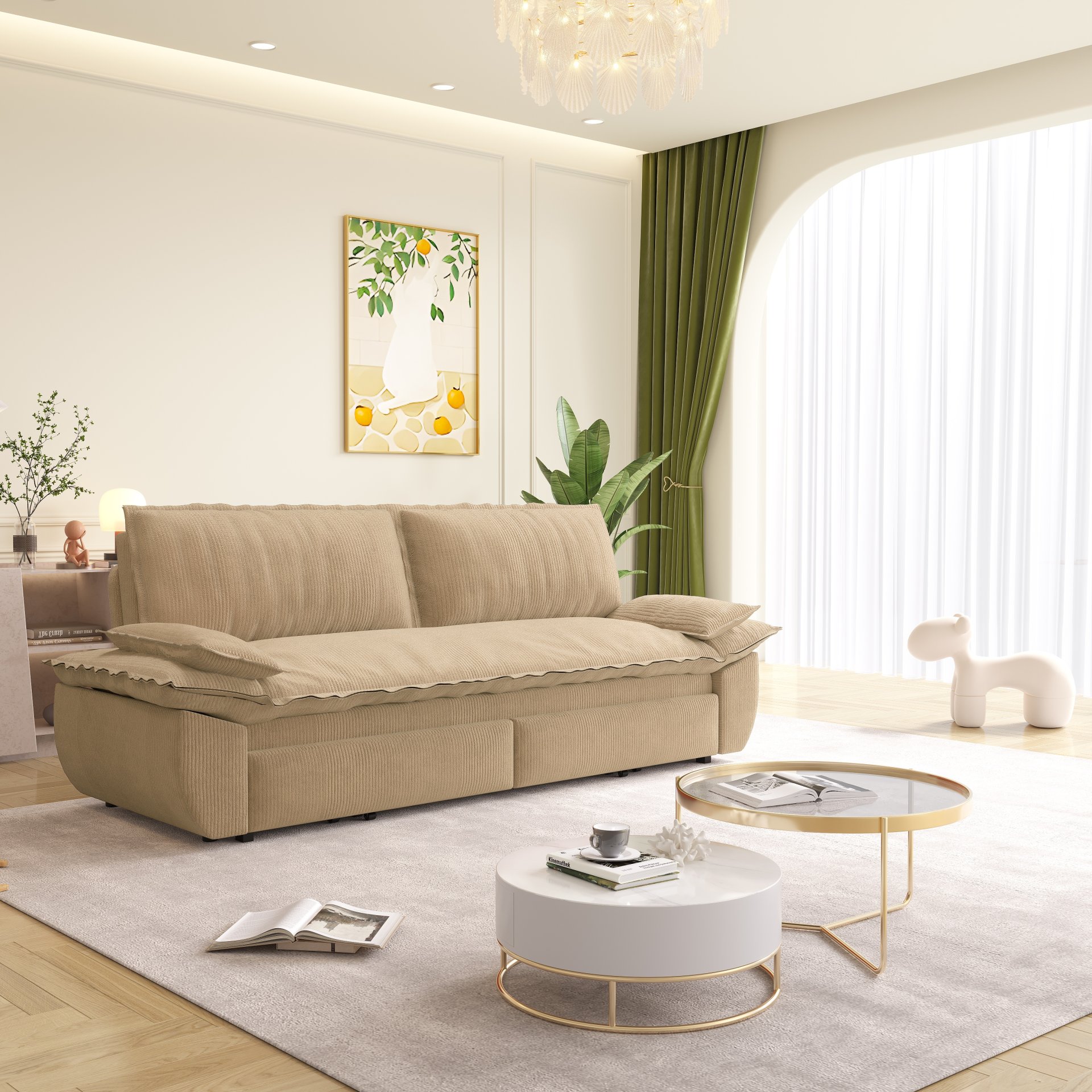 Queen Pull Out Sofa Bed, 3 In 1 Convertible Sleeper Sofa, Multi Functional Loveseat Bed - Camel - Image 10