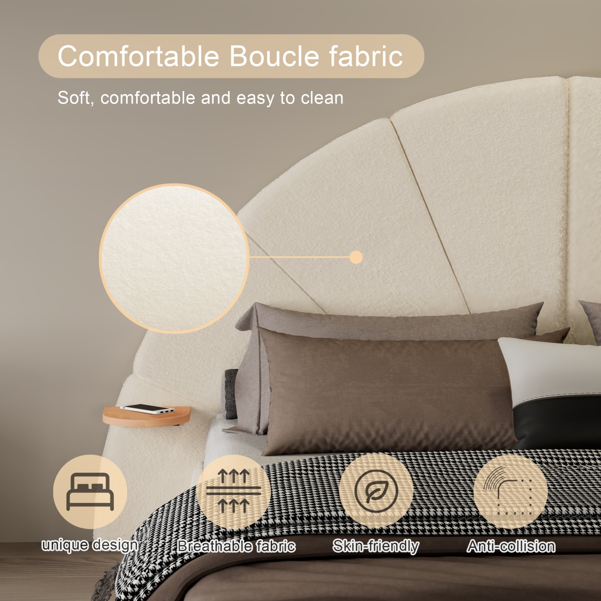 Queen Arched Bed With Small Table, Floor Standing Design - Beige - Image 8