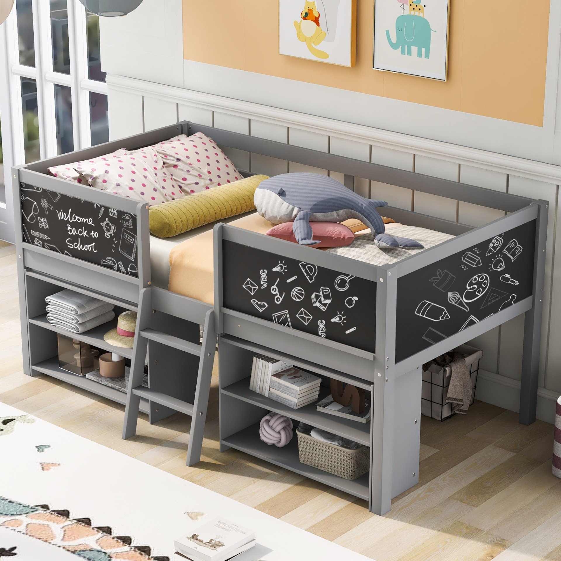 Twin Size Low Loft Bed With Movable Shelves And Ladder, Decorative Chalkboard Guardrail - Gray - Image 2