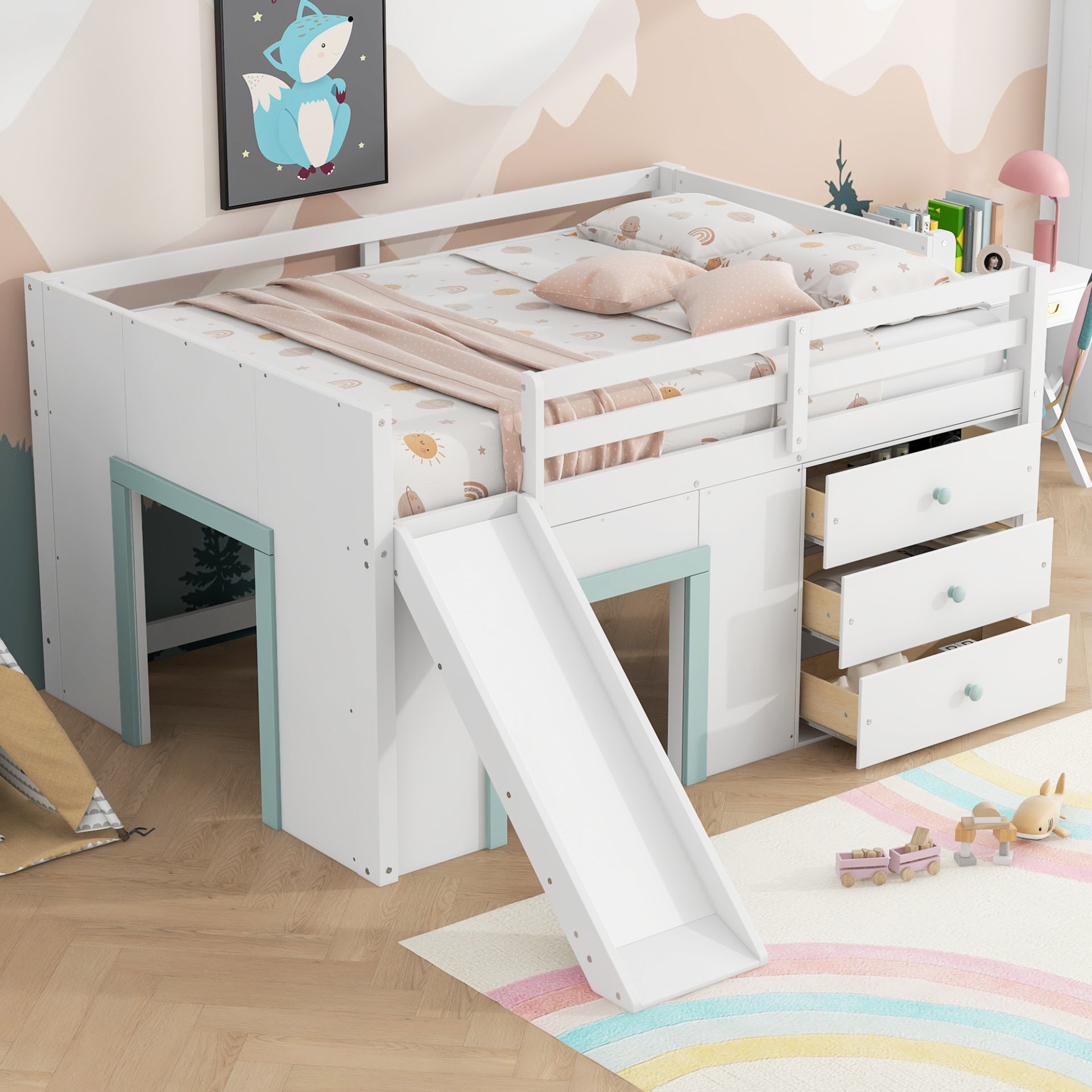 Full Size Low Loft Bed With Slide, Three Storage Drawers, And 2 Doors - White - Image 4