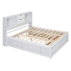King Size Platform Bed With Storage Headboard And 8 Drawers - White