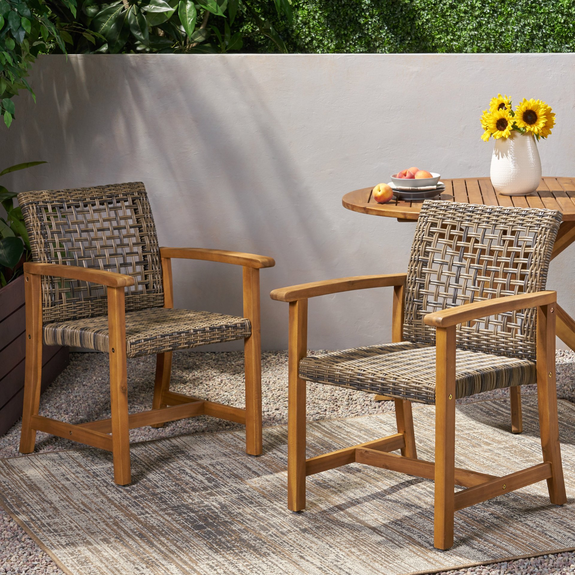Outdoor Dining Chair (Set of 2), Teak Acacia Wood Frame - Natural Stained - Image 2