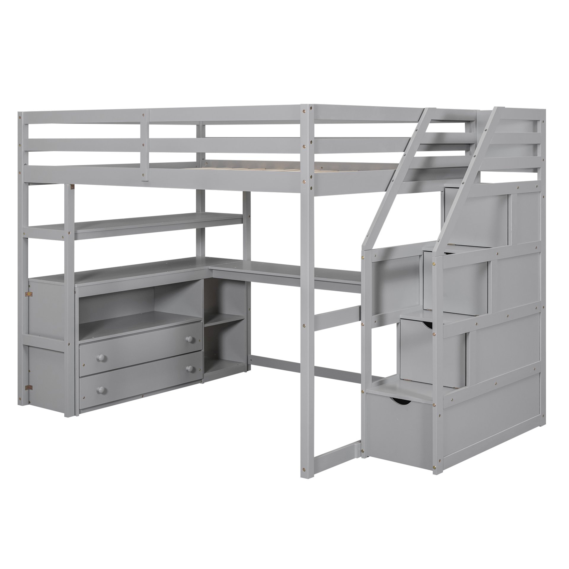 Full Size Loft Bed With Desk, Shelves, 2 Drawers, Storage Staircase - Gray - Image 11