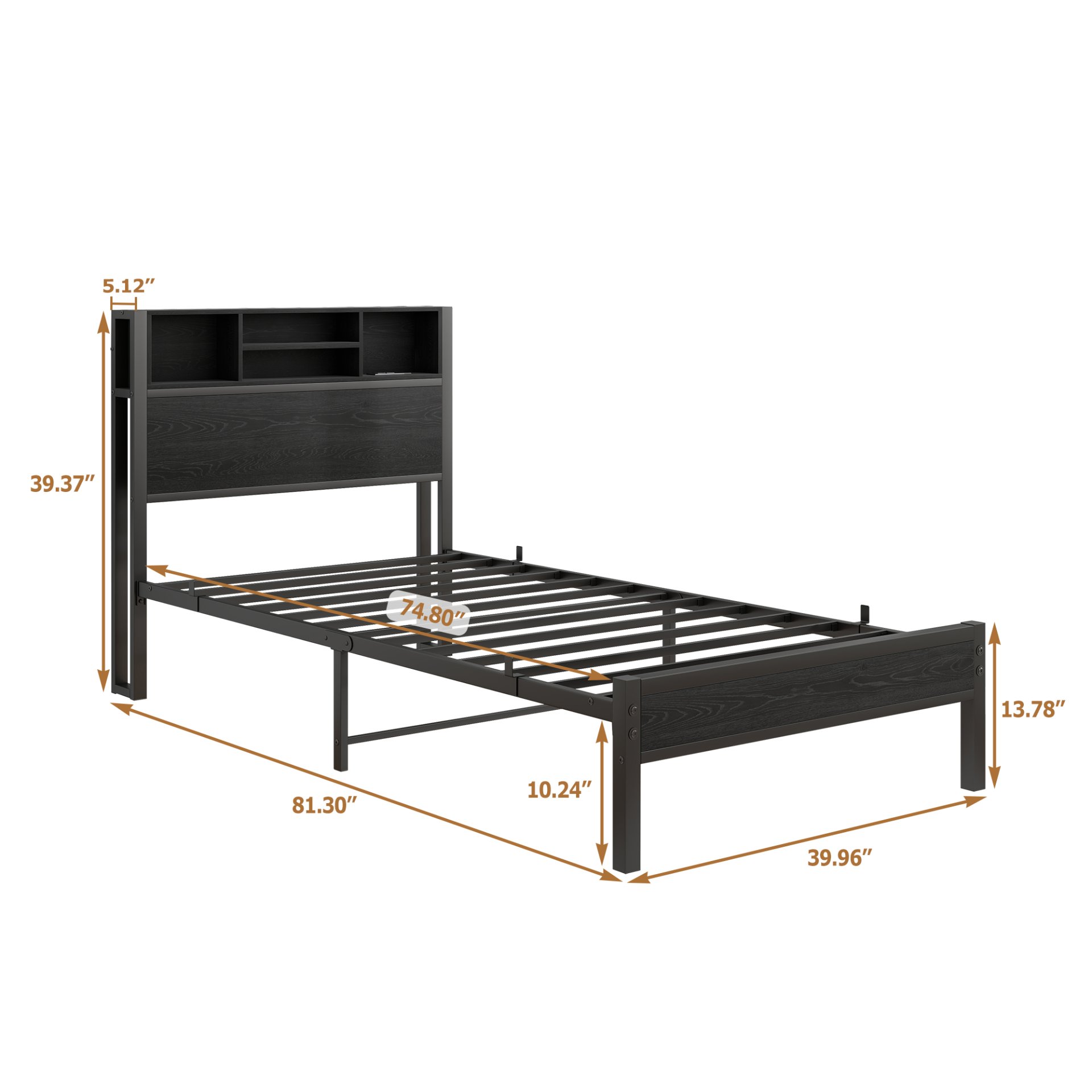 Twin Size Metal Platform Bed Frame With Storage Headboard And Charging Station - Black - Image 3