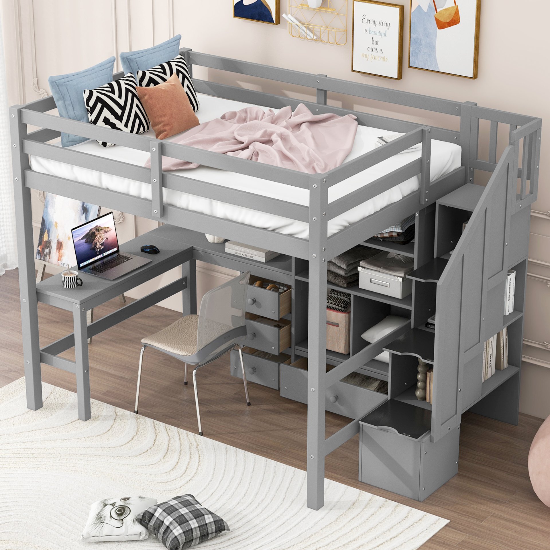 Full Size Loft Bed With L-Shaped Desk, Drawers, Cabinet, And Storage Staircase - Gray - Image 5