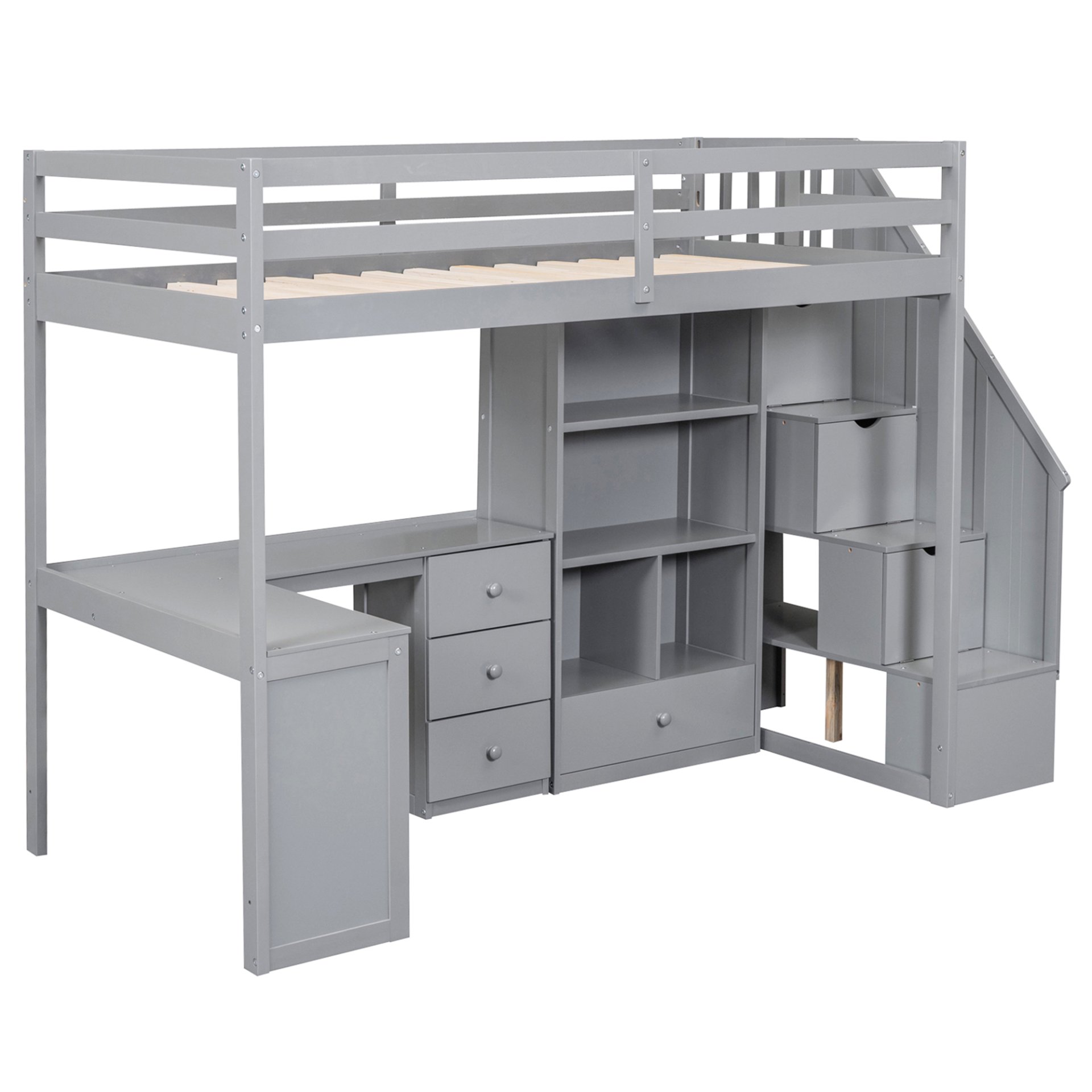 Twin Size Loft Bed With L-Shaped Desk, Drawers, Cabinet And Storage Staircase - Gray - Image 8