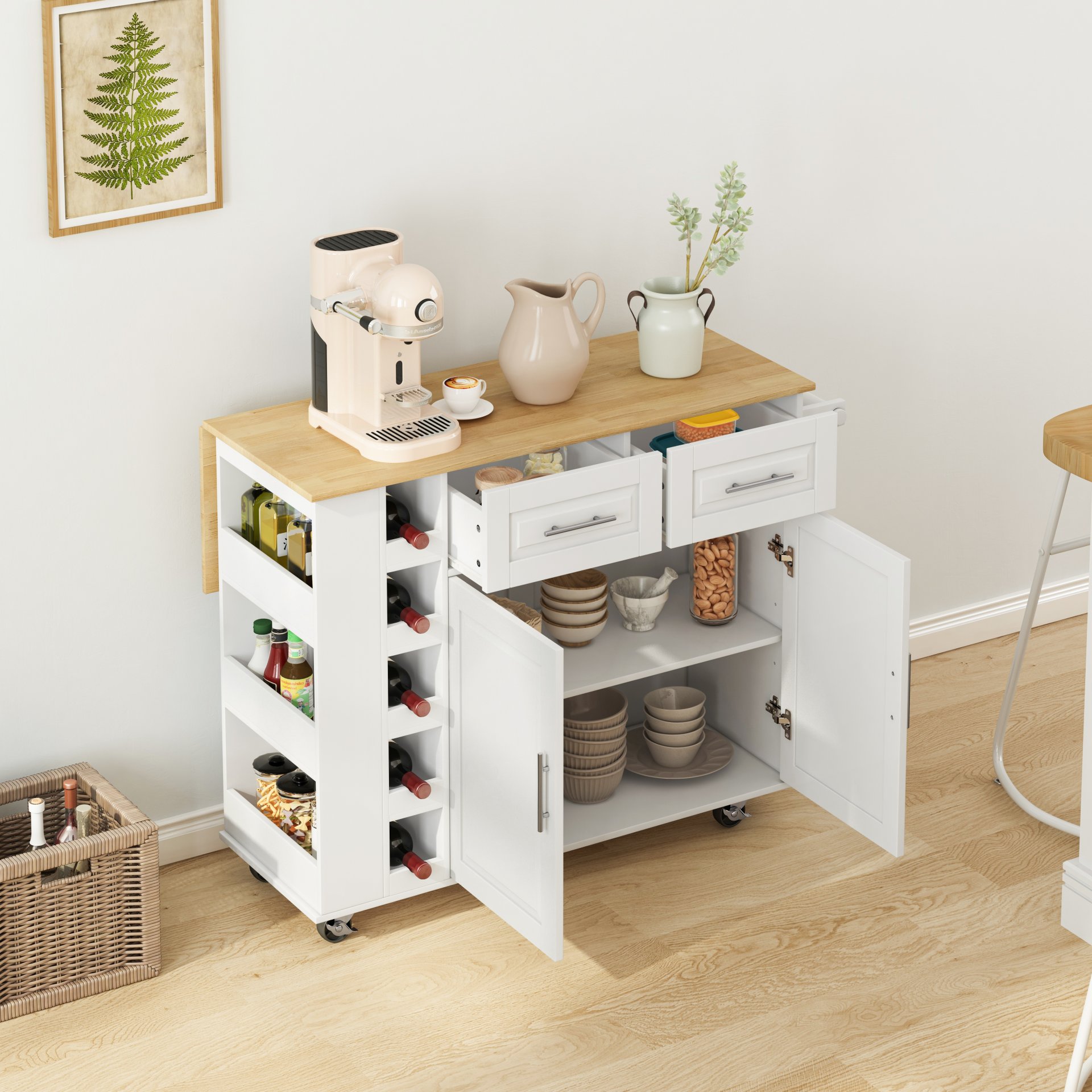Kitchen Island Cart With 2 Door Cabinet, 2 Drawers, Spice Rack, Towel Holder, Wine Rack, And Foldable Top - White - Image 2