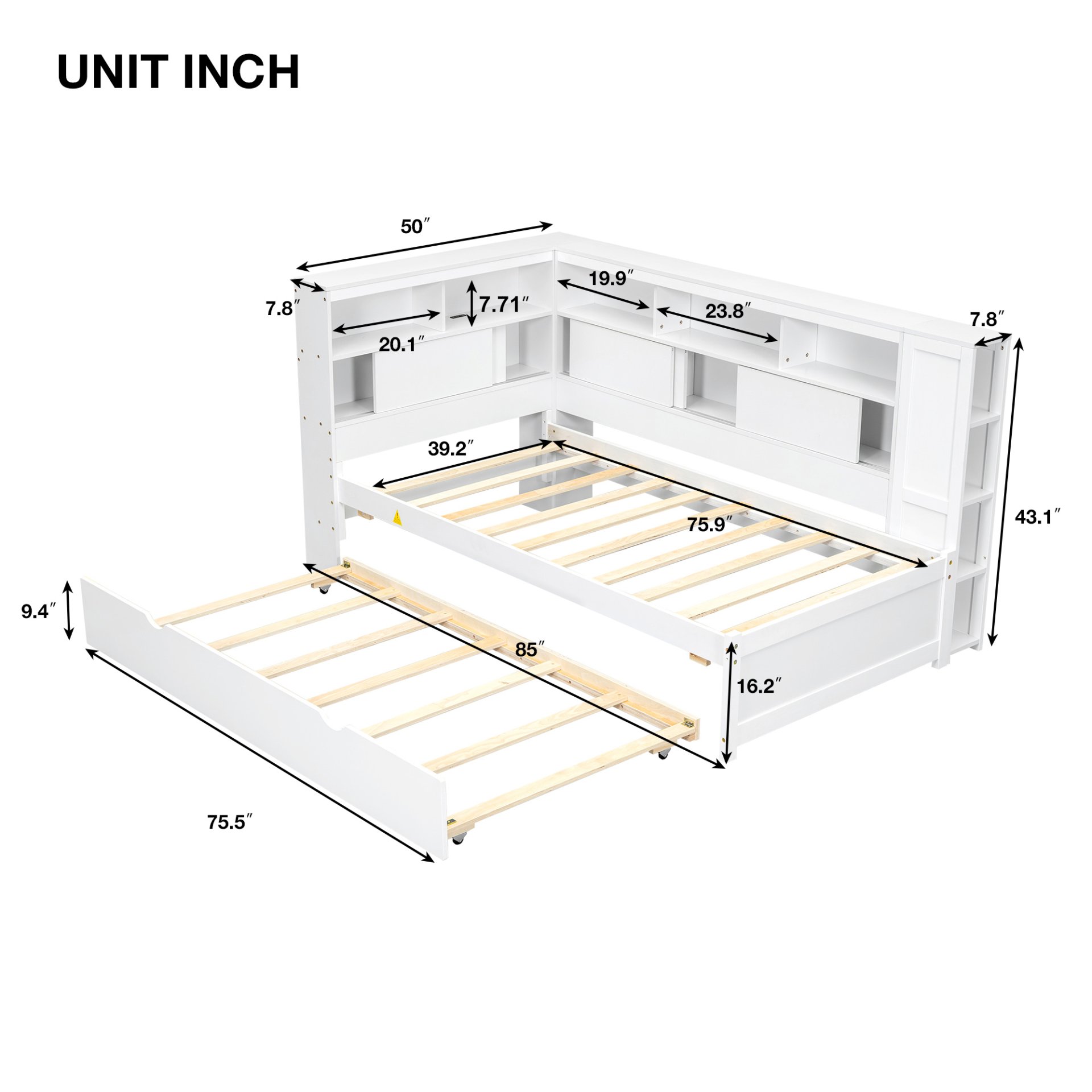 Twin Size Daybed With Storage Shelves, USB Charging, And Trundle Bed - White - Image 3