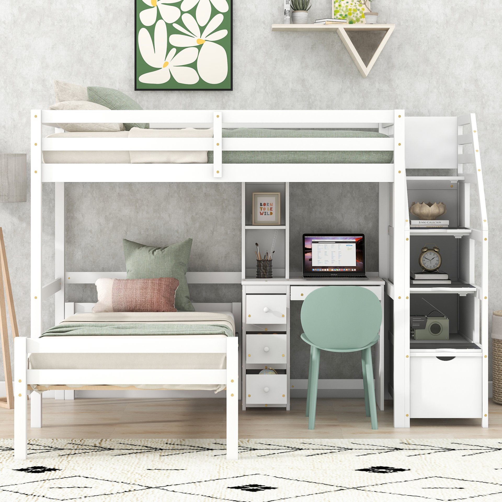 Twin Size Loft Bed With Stand Alone Bed, Storage Staircase, Desk, Shelves, And Drawers - White - Image 5