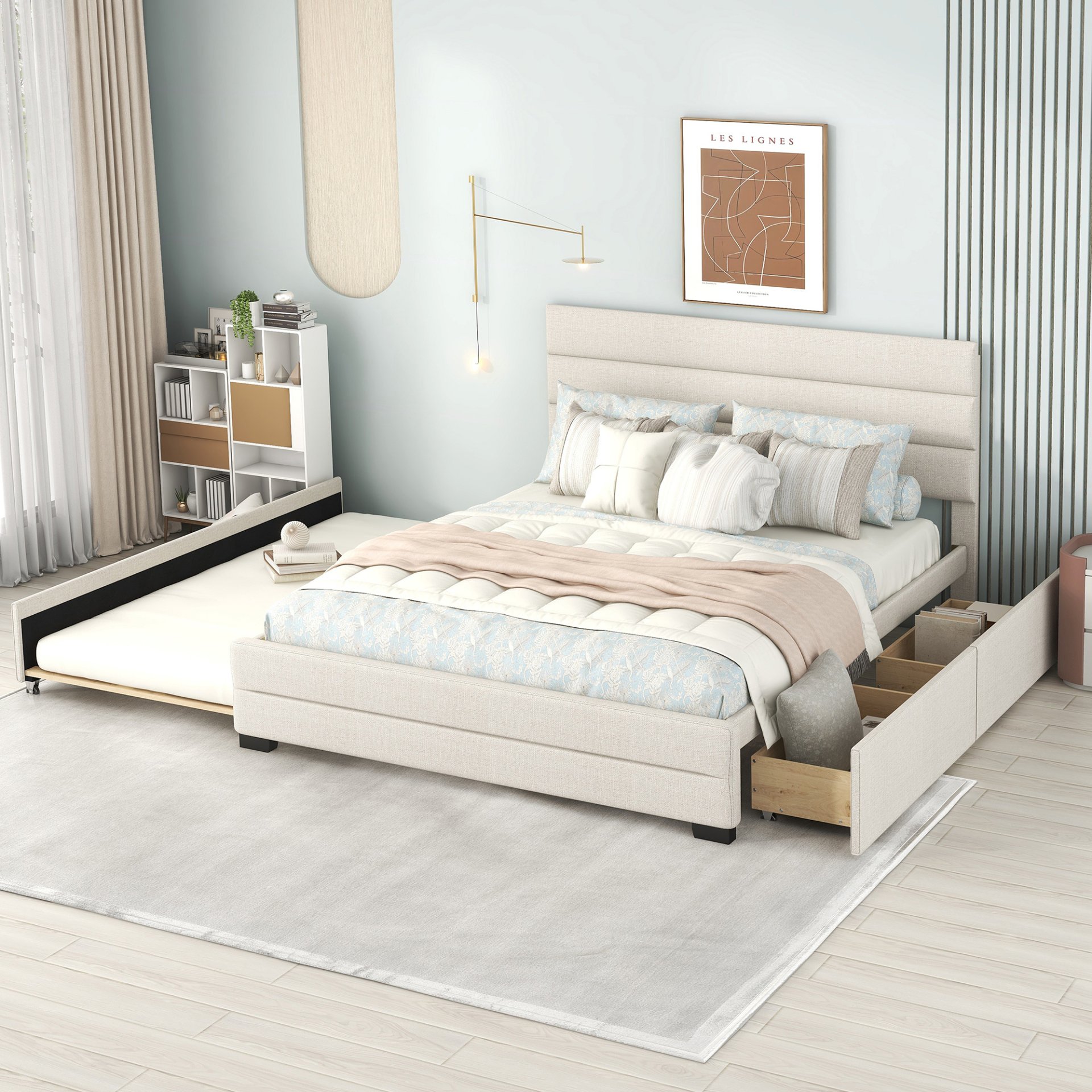Queen Platform Bed With Twin Trundle And 2 Storage Drawers - Beige - Image 2