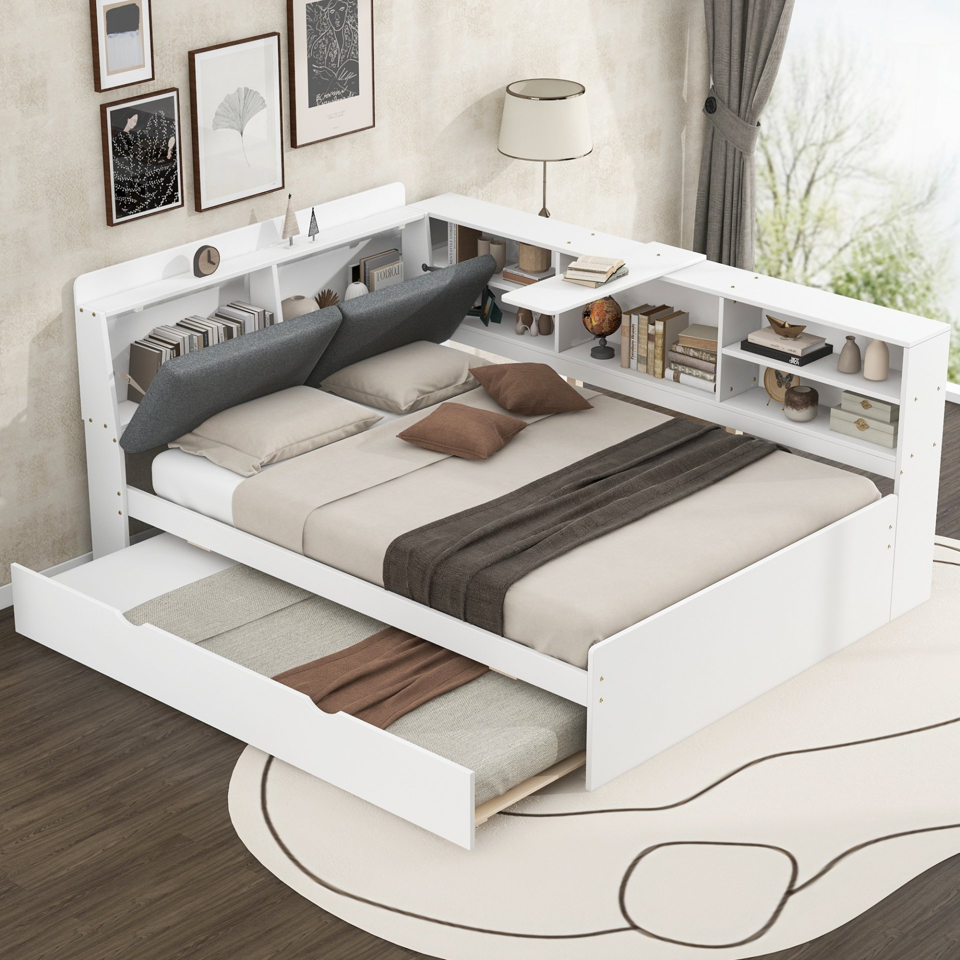 Full Size Platform Bed With Trundle, Shelves, And Storage Headboard - White - Image 4