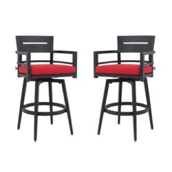 Outdoor Swivel Bar Chairs, 360 Degree Rotation With Ergonomic Backrest (Set of 2) - Ember Black / Jocky Red