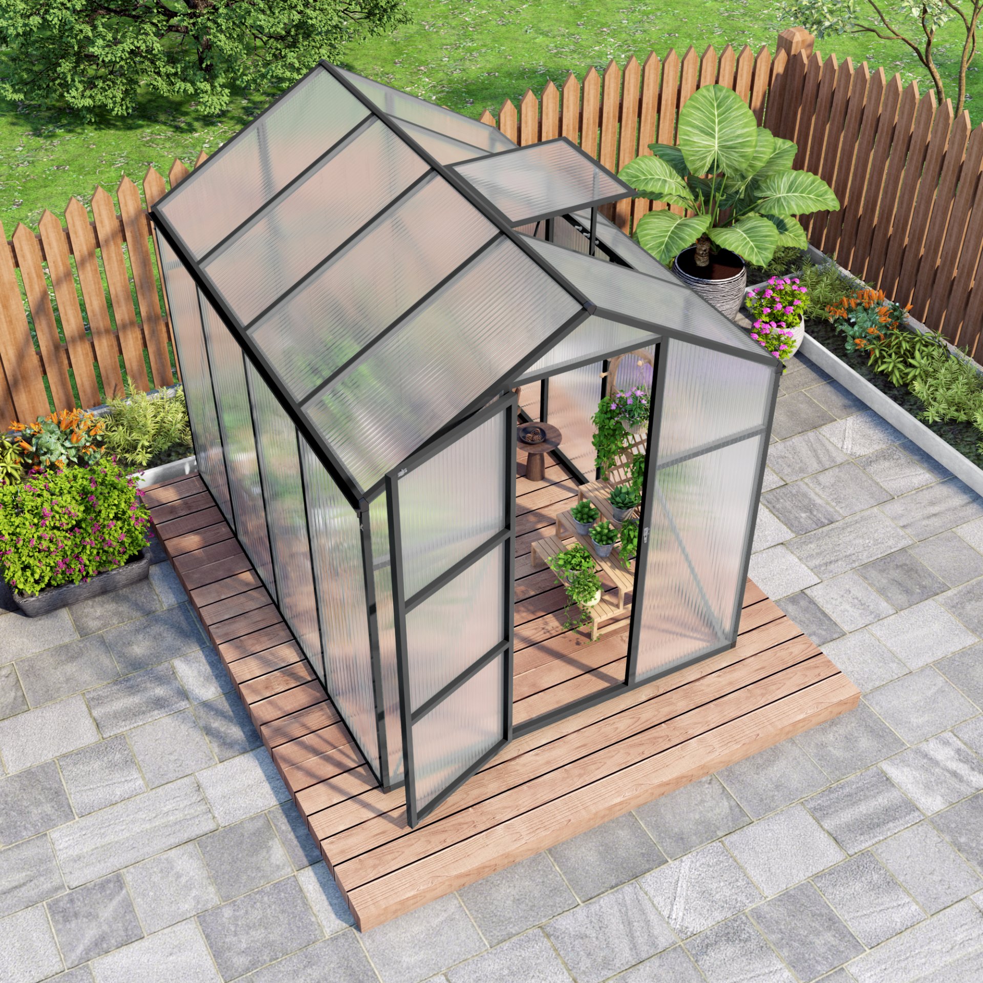 Gain Height Windproof Greenhouse 6 X 8 Ft Polycarbonate With Raised Base And Anchor Alloy Frame, All Season Outdoor Garden Shelter - Black - Image 8