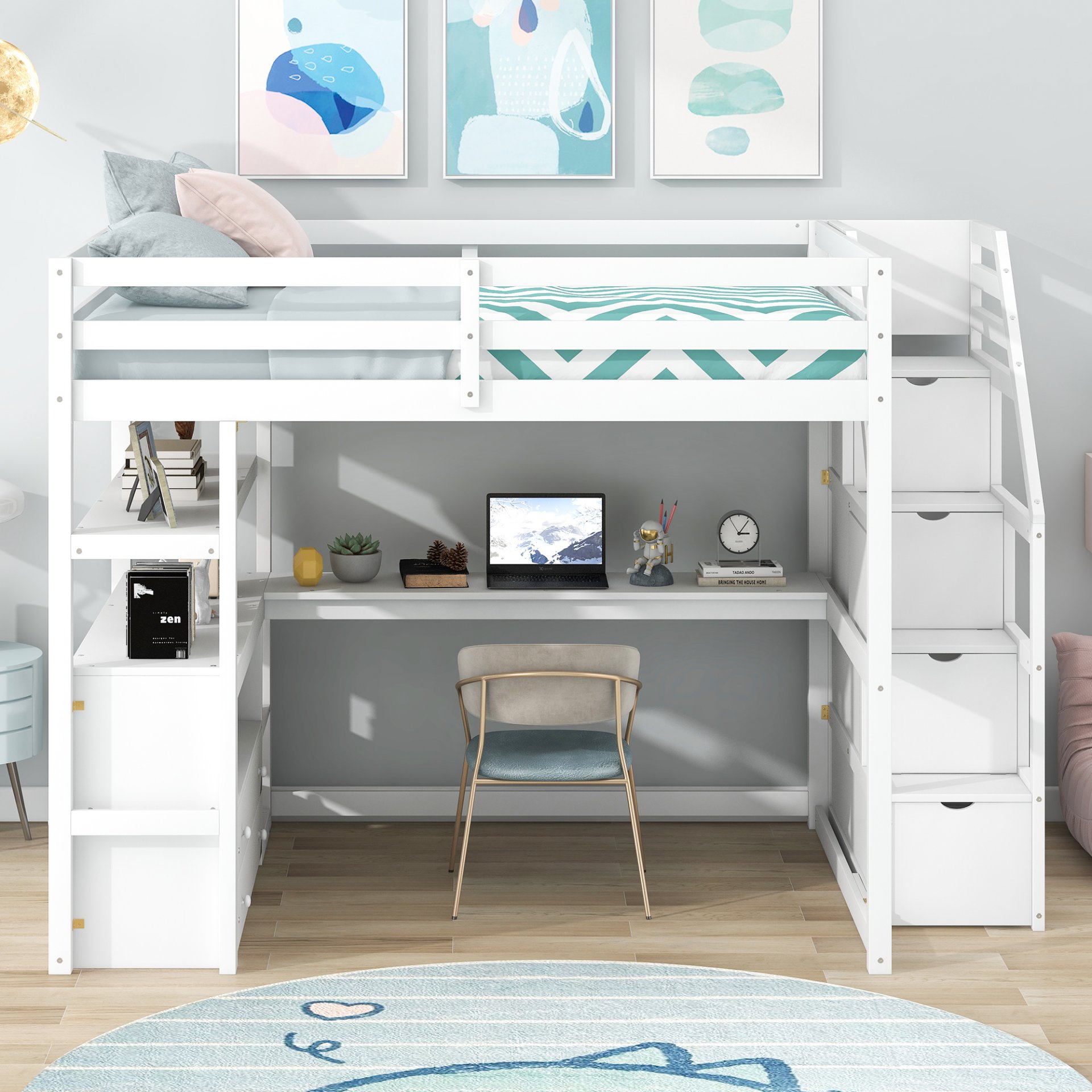 Full Size Loft Bed With Desk, Shelves, 2 Drawers, Storage Staircase - White - Image 4