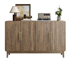 Modern Carved 4 Door Sideboard Buffet Cabinet With Storage, Adjustable Layer Board - Walnut
