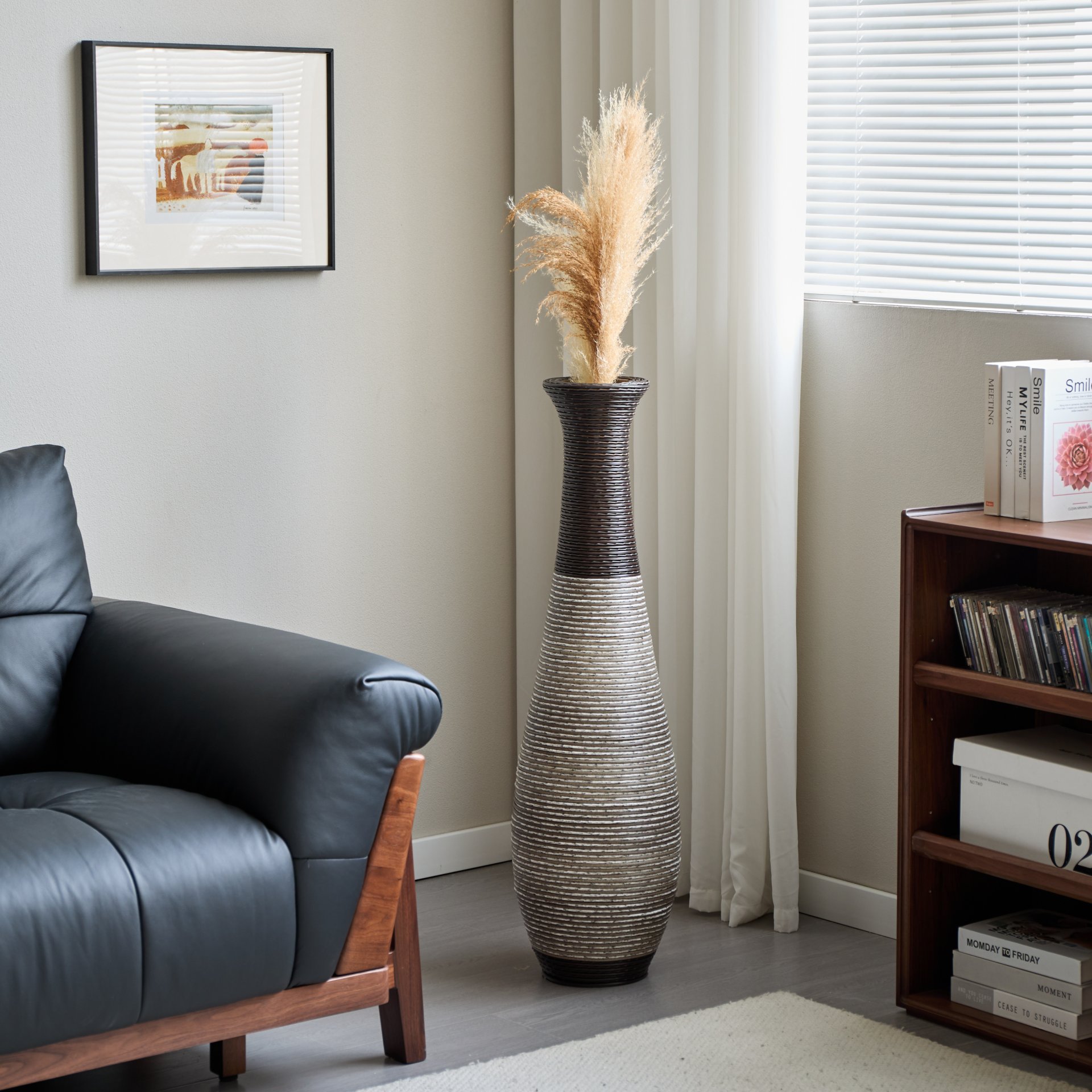 Tall Standing Designer Floor Vase Durable Artificial Rattan Elegant 2 Tone Finish Ideal Decor Accent For Living Room, Bedroom, Entryway Stylish Home Decor Statement Piece - Black / Gray - Image 8