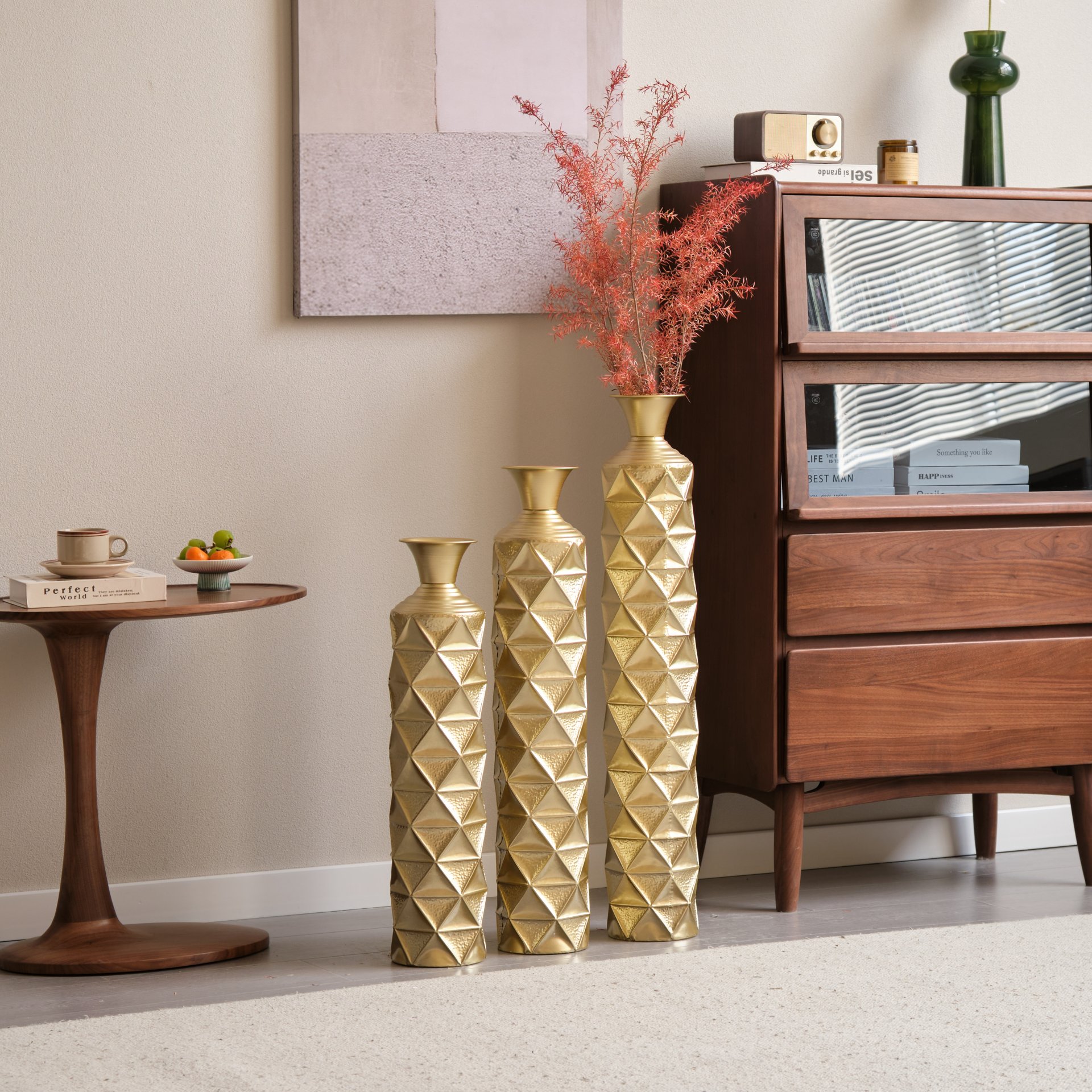 Metal Decorative Vase High Distress Metal Center Vase With 3D Triangle Pattern, (Set of 3) Vases For Home Decoration - Gold - Image 18