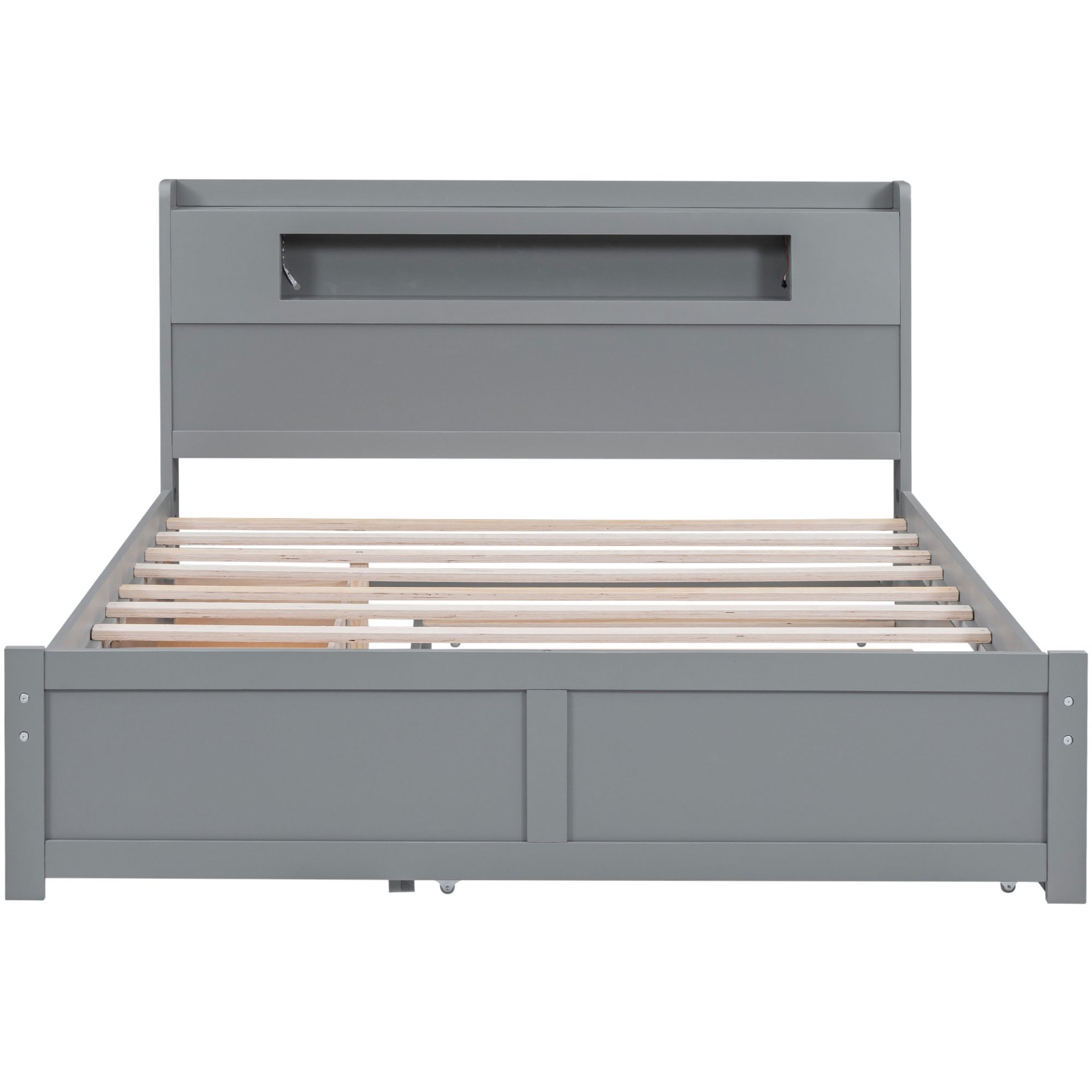 Queen Size Storage Platform Bed With LED Lights, 2 Drawers And Twin Trundle - Gray - Image 8