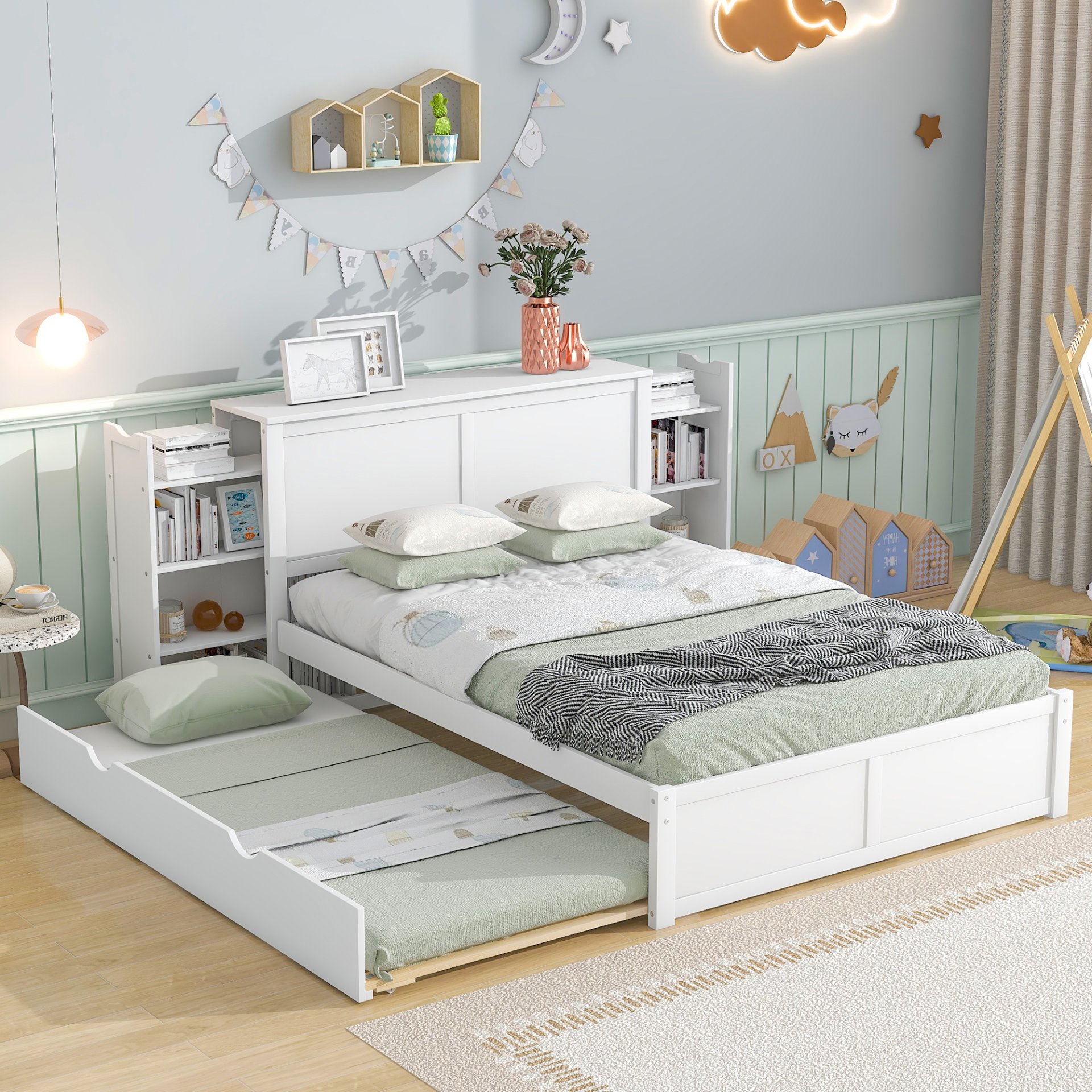 Full Size Storage Platform Bed With Pull Out Shelves And Twin Trundle - White - Image 2