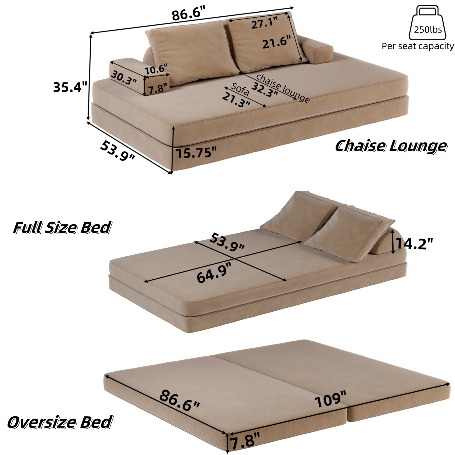 Multifunctional Convertible Sofa Bed With 2 Tumbler Backrests And 2 Pillows, Diy Modern Upholstered Couch - Camel - Image 3