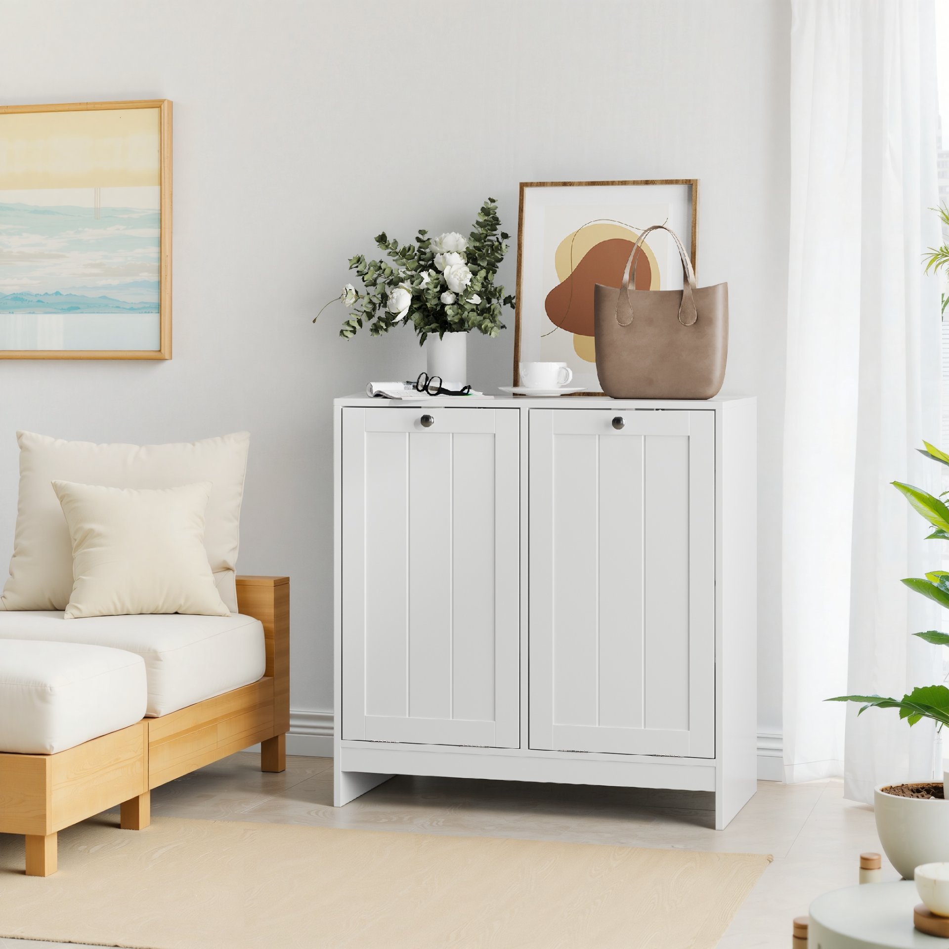 Tilted Laundry Hamper With Removable Basket, Hidden Laundry Hamper, Bathroom Storage Cabinet, Free Standing Organizer - White - Image 11