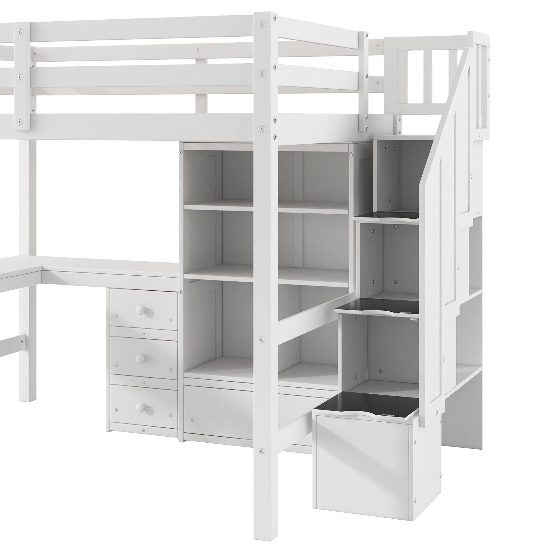 Full Size Loft Bed With L-Shaped Desk, Drawers, Cabinet, And Storage Staircase - White - Image 8