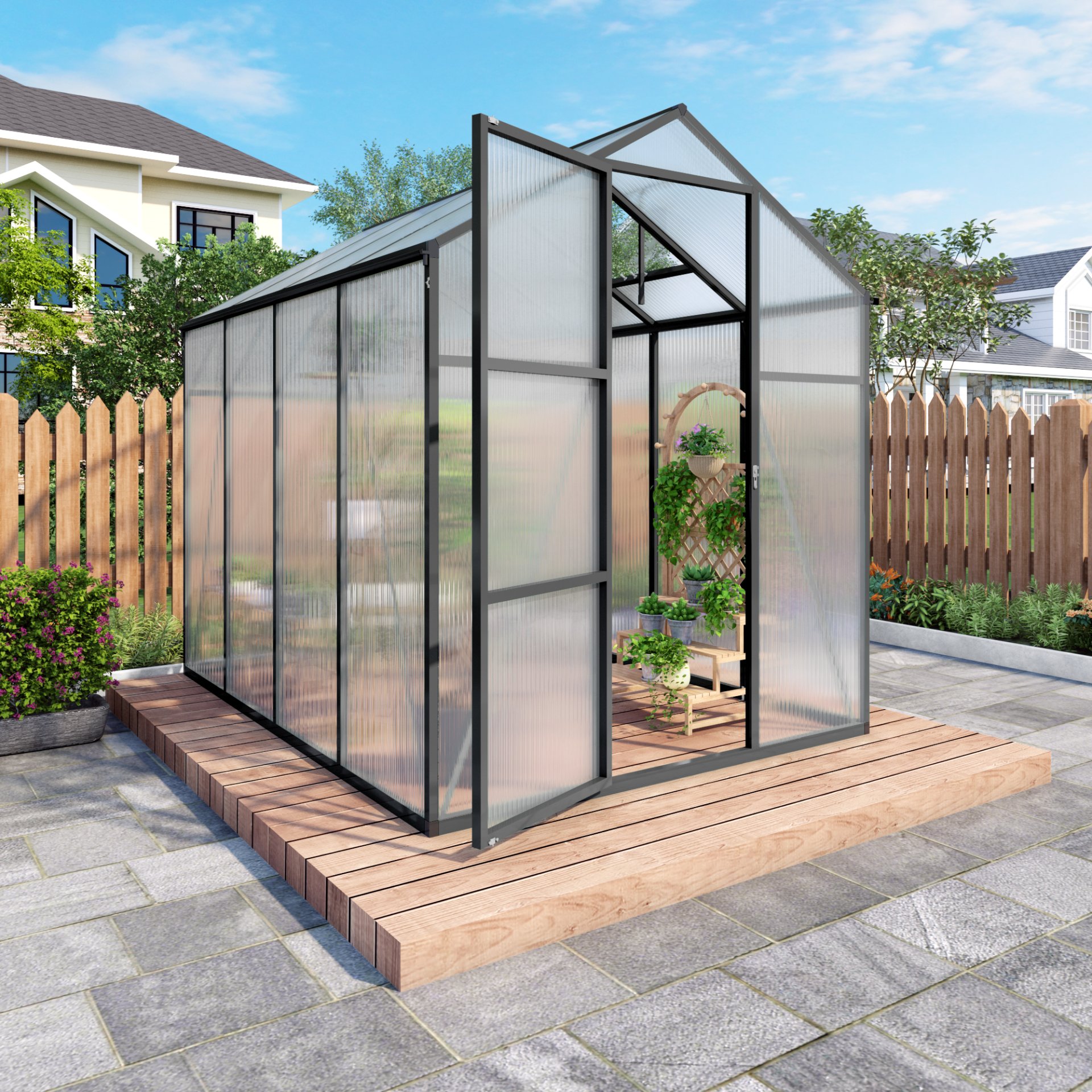 Gain Height Windproof Greenhouse 6 X 8 Ft Polycarbonate With Raised Base And Anchor Alloy Frame, All Season Outdoor Garden Shelter - Black - Image 2