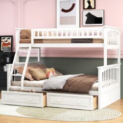 Twin Over Full Bunk Bed With Drawers, Convertible Platform Bed - White