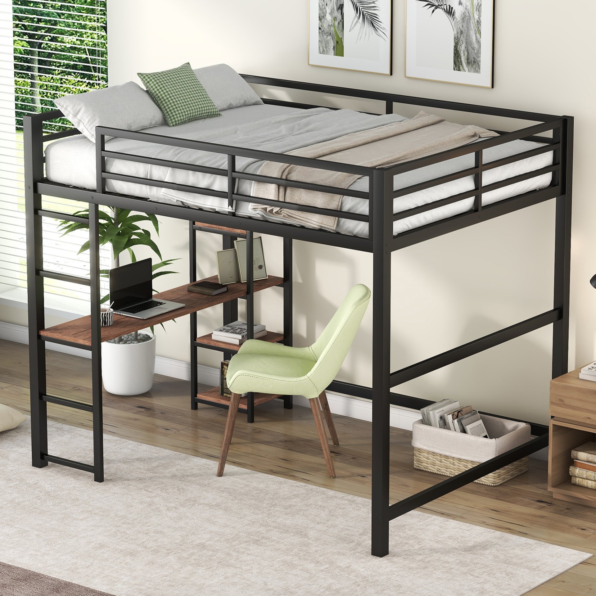 Loft Bed With Built In Desk And Storage Shelves, Full Size - Black - Image 2
