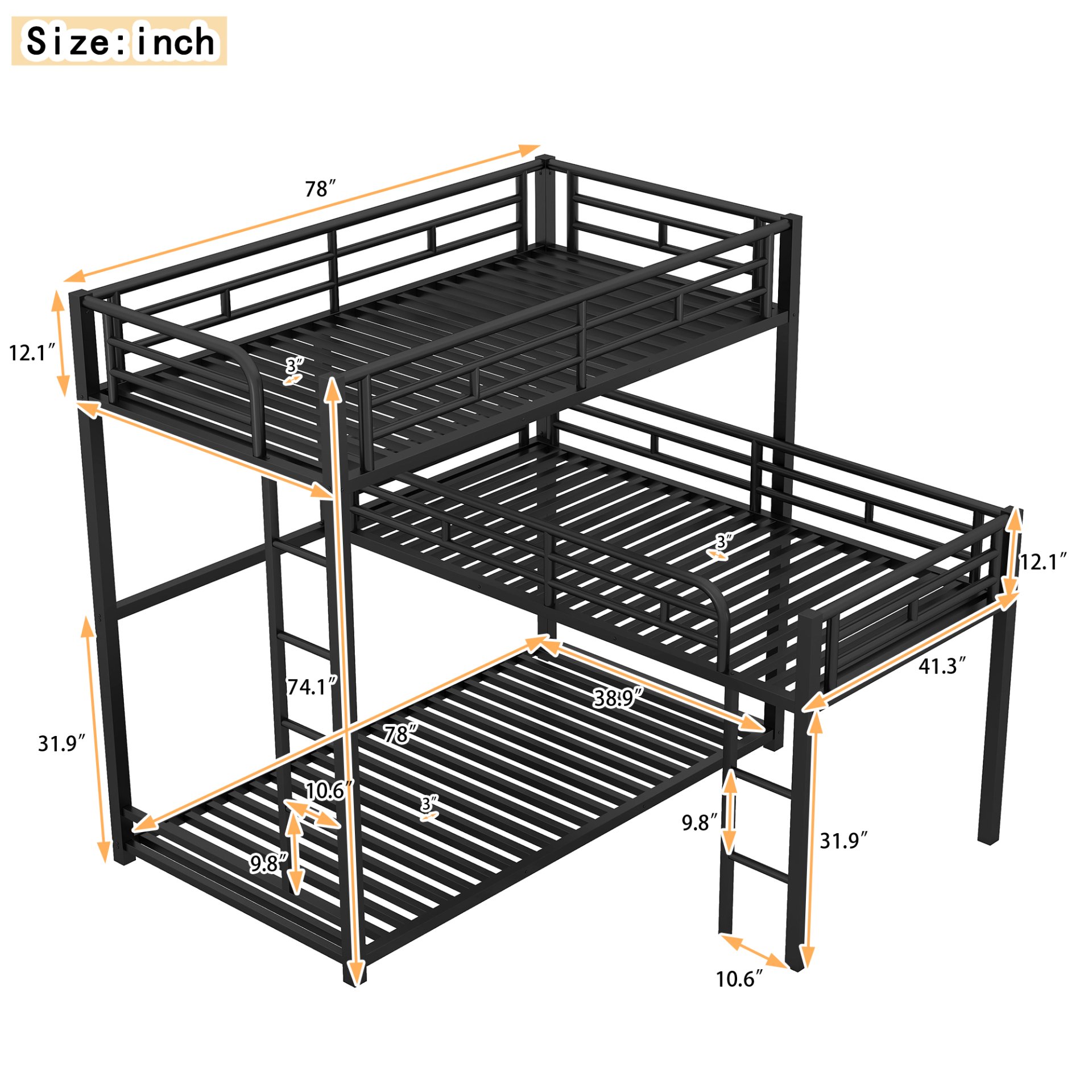 L-Shaped Triple Twin Size Bunk Bed, Industrial Design With Integrated Ladder And Full Length Guardrails - Black - Image 3