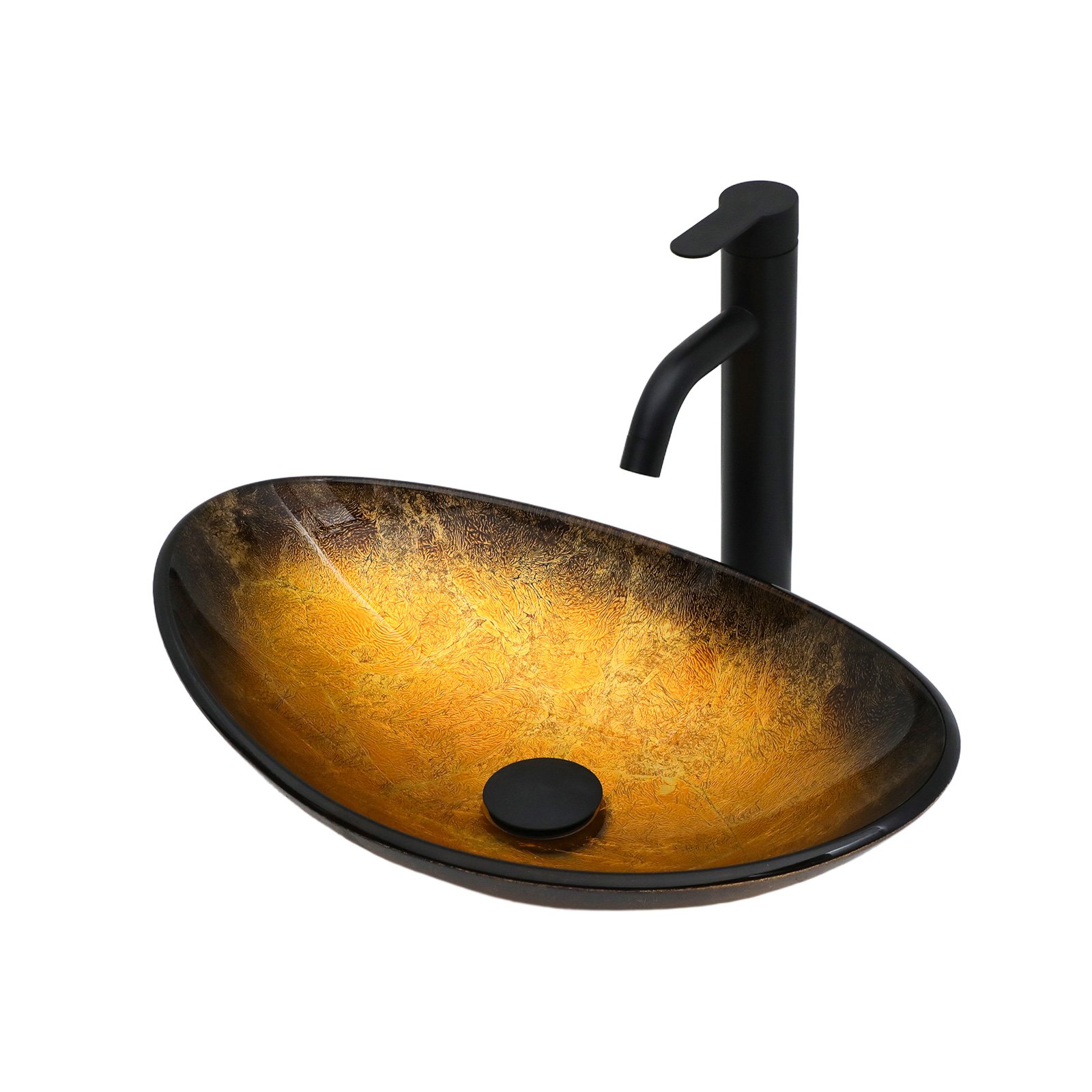 Veined Vessel Sink With Pop Up Drain, Boat Shape Bathroom Sink Above Counter - Gold - Image 7