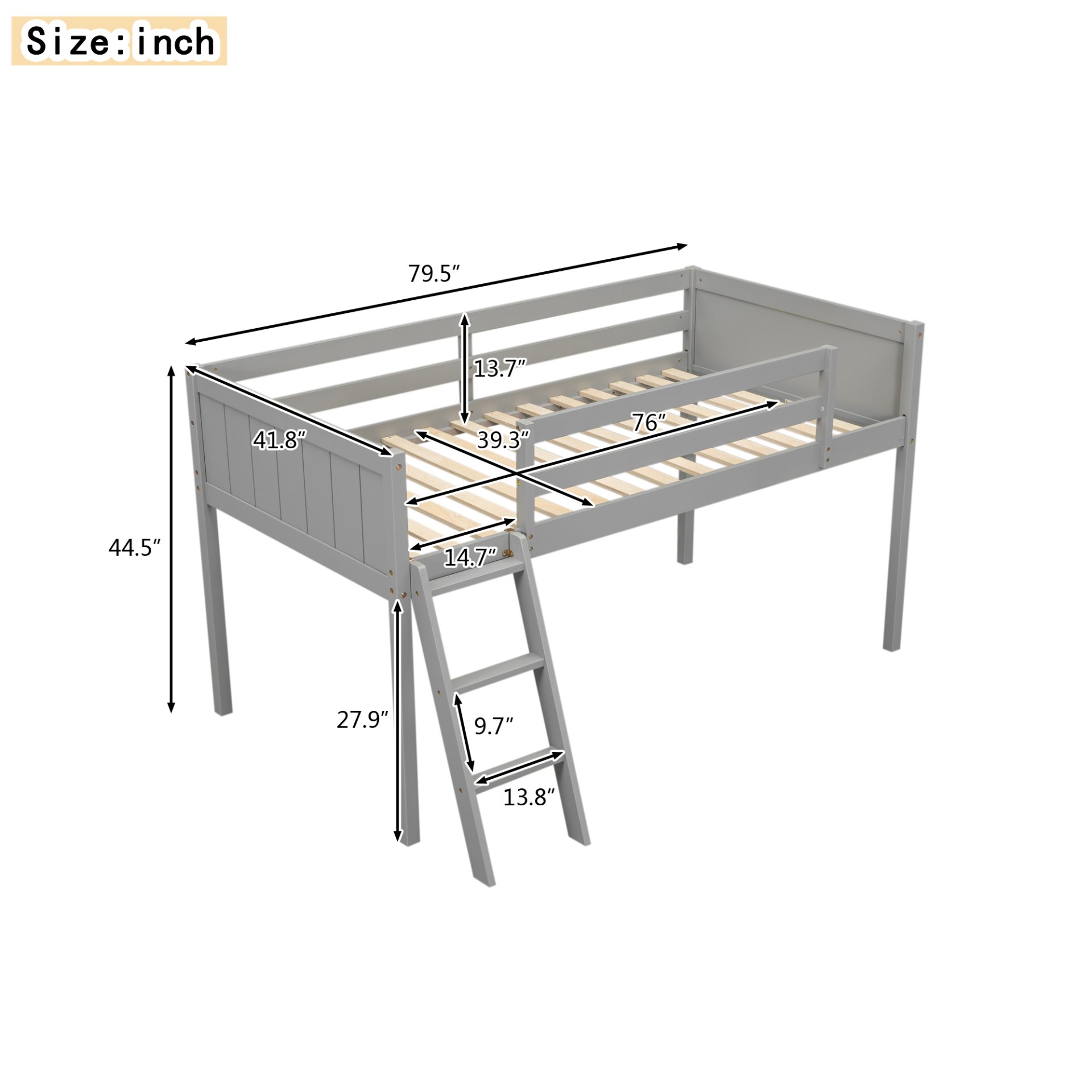 Twin Size Low Loft Bed With Adjustable Ladder - Gray - Image 3