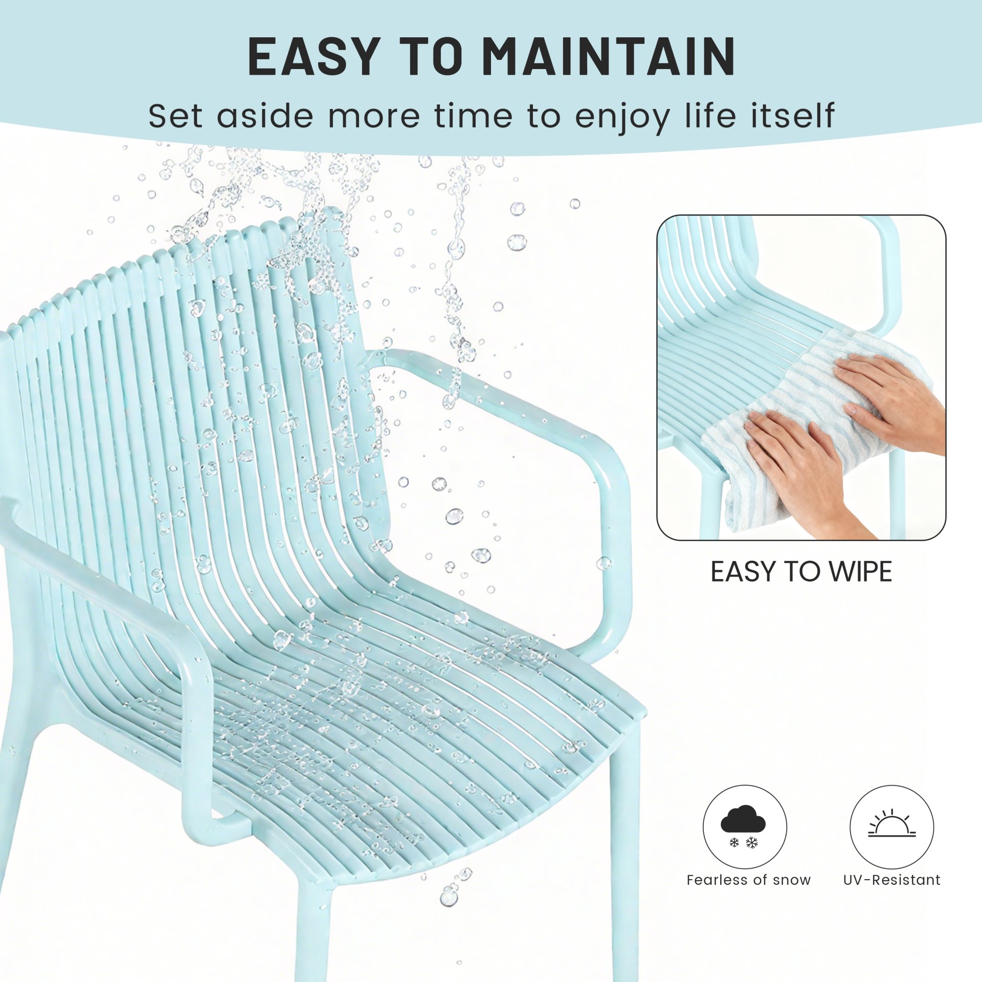 4 Piece Stackable Single Chairs With Vertical Stripe Design For All Weather - Light Blue - Image 13