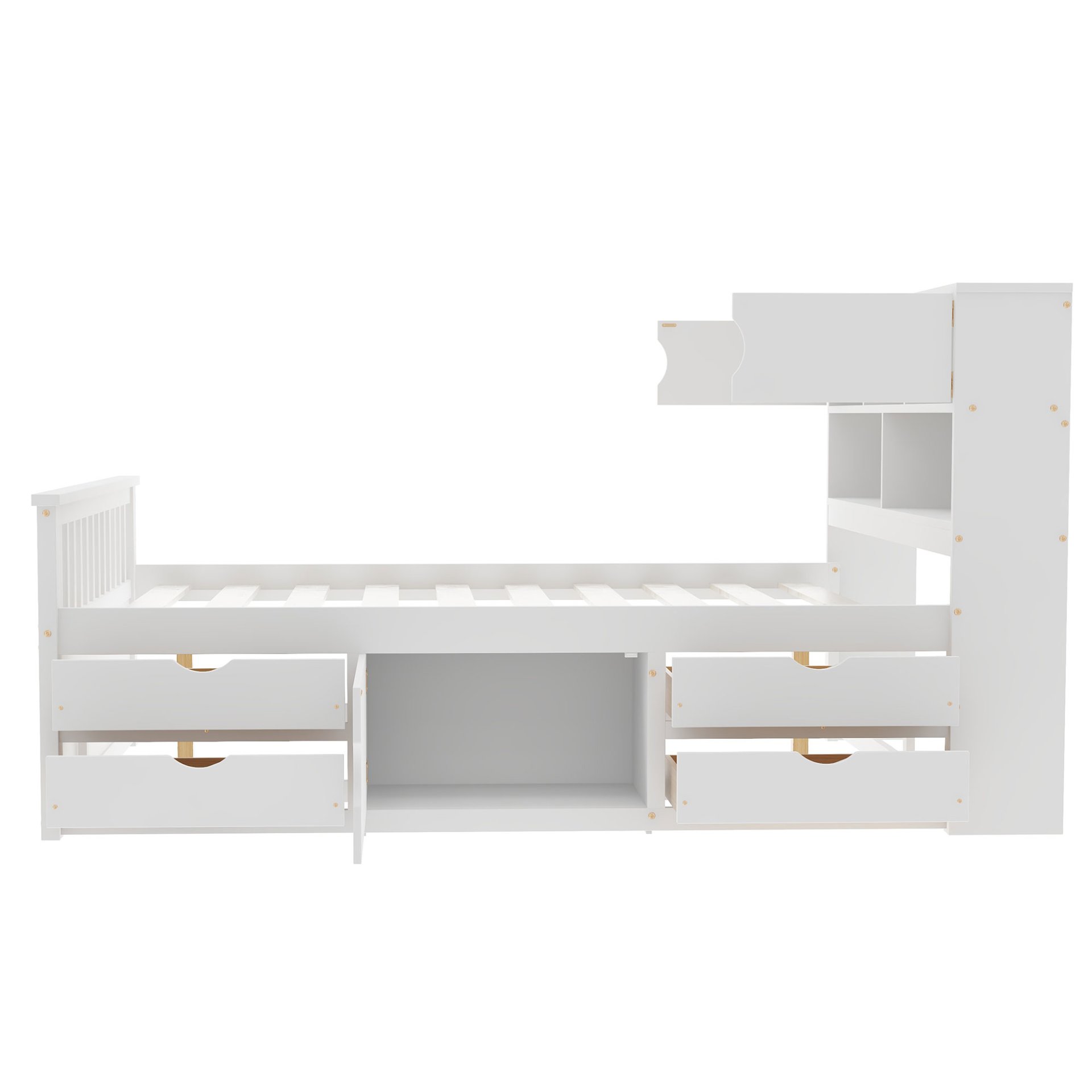 Full Size Captain Platform Bed Frame With Bookcase Headboard, Four Drawers, Storage Shelves - White - Image 8