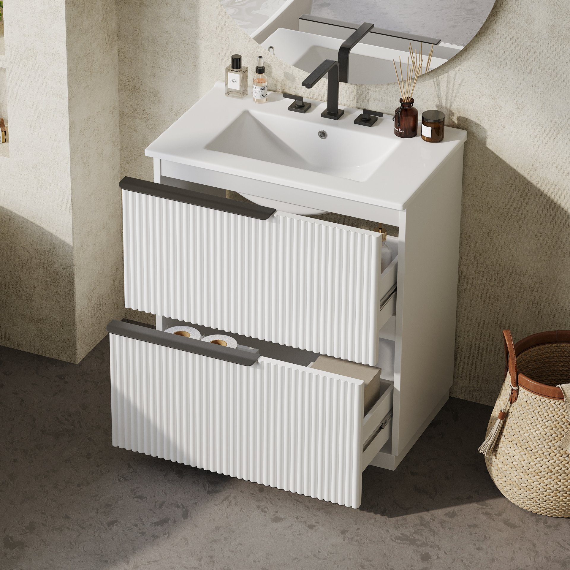 Fluted Bathroom Vanity With Sink, Full Extension Soft Close Drawers - White - Image 5