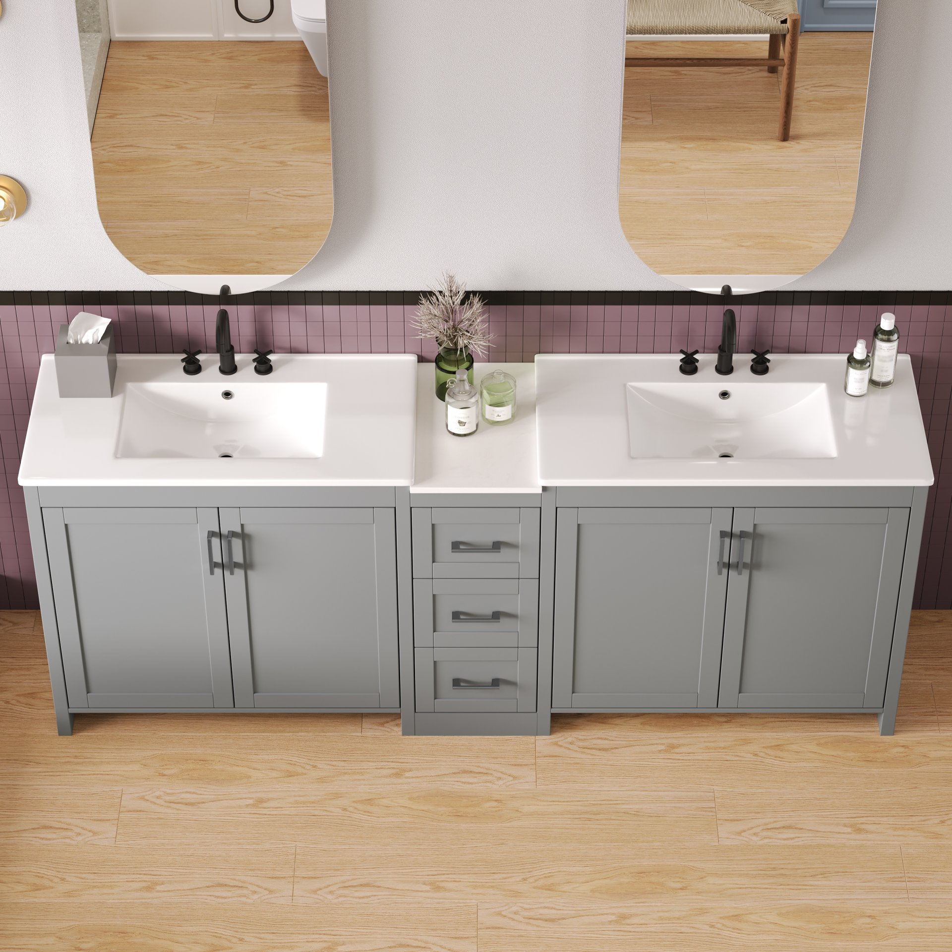 Double Sink Bathroom Vanity With Quartz Countertop, Adjustable Shelves, 3 Drawers - Gray - Image 4