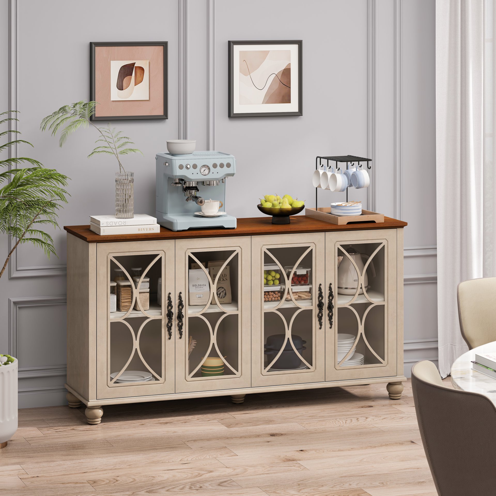 Elegant 4 Door Cabinet With Tempered Glass Doors - Beige - Image 5