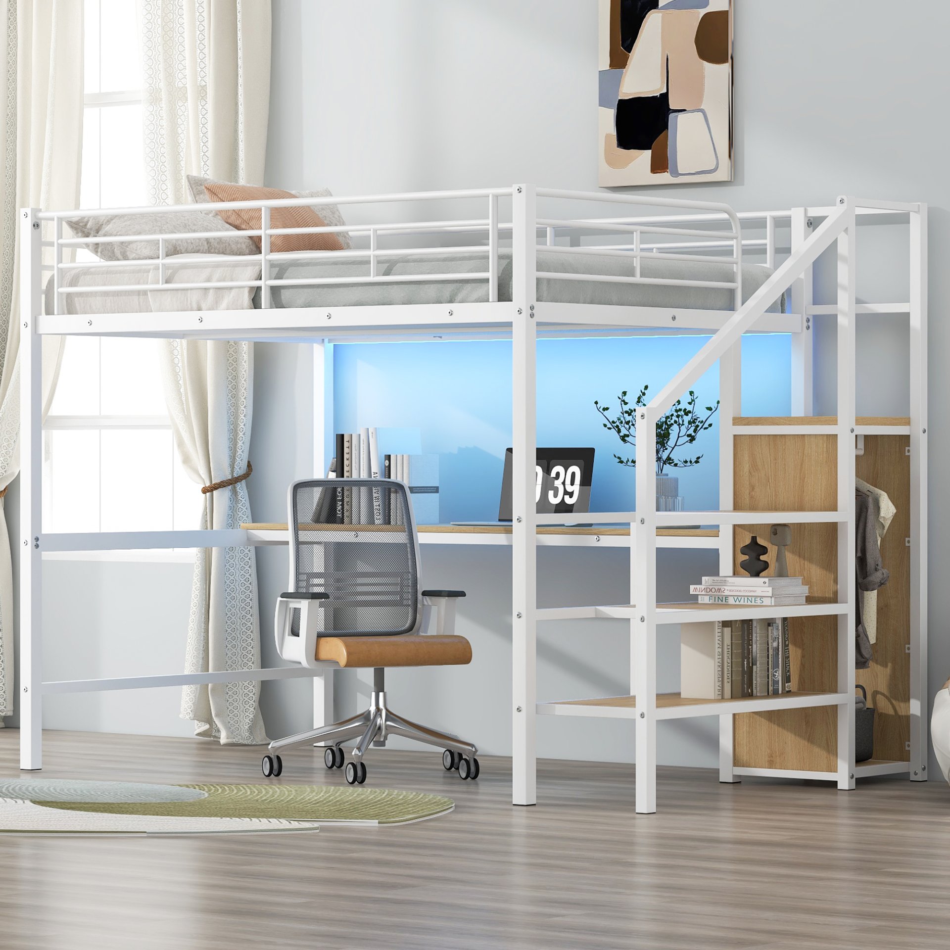 Full Size Loft Bed With Desk, Storage Staircase, Small Wardrobe And LED Light - White - Image 5