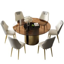 Round Dining Table Set With Glass Top, Suitable For Kitchen (1 Table With 6 Chairs) - Brown
