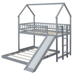 Twin Over Full House Bunk Bed With Slide And Built In Ladder, Full Length Guardrail - Gray