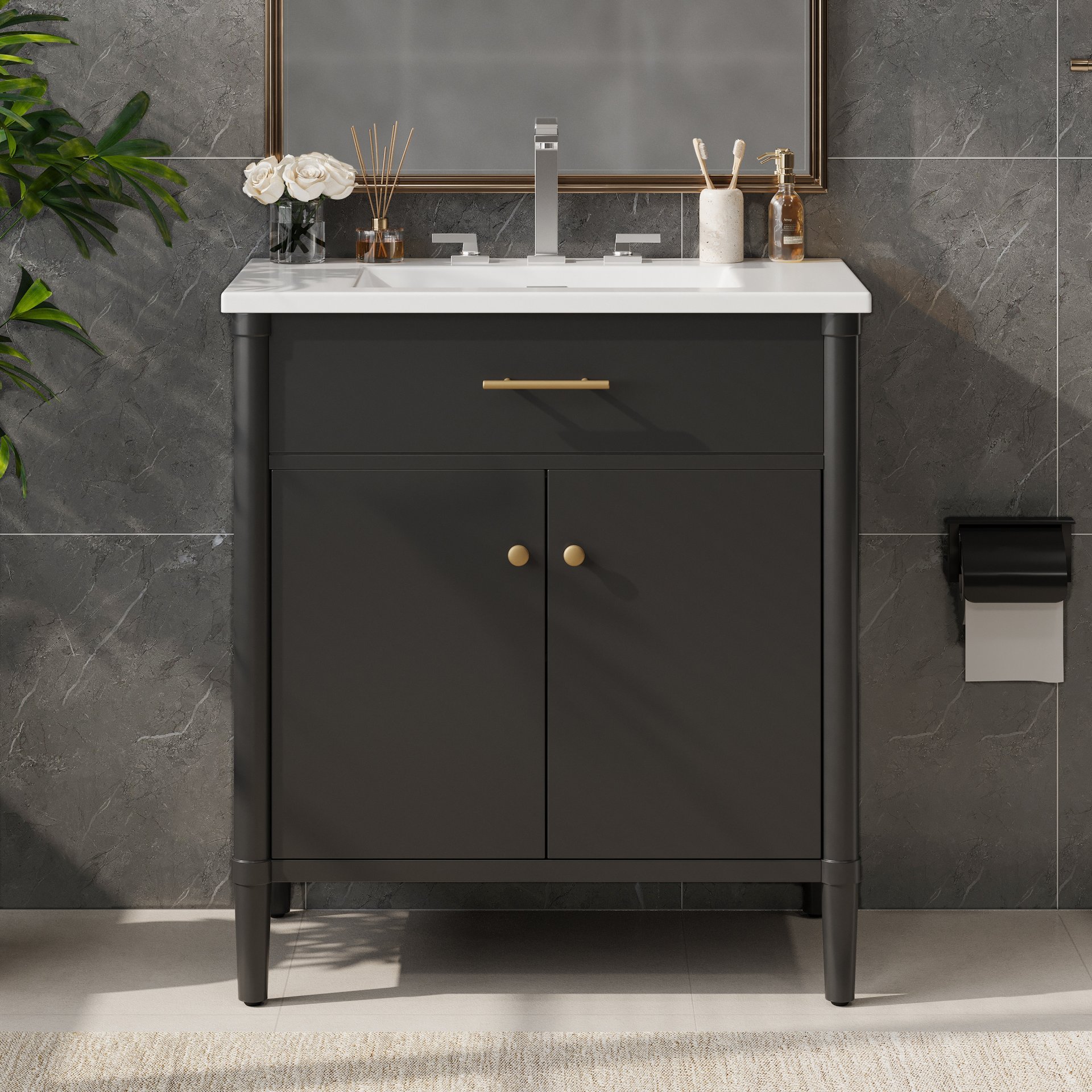 Bathroom Vanity With Sink, Soft Close Doors And Adjustable Shelf, Curved Profile Design - Black - Image 2